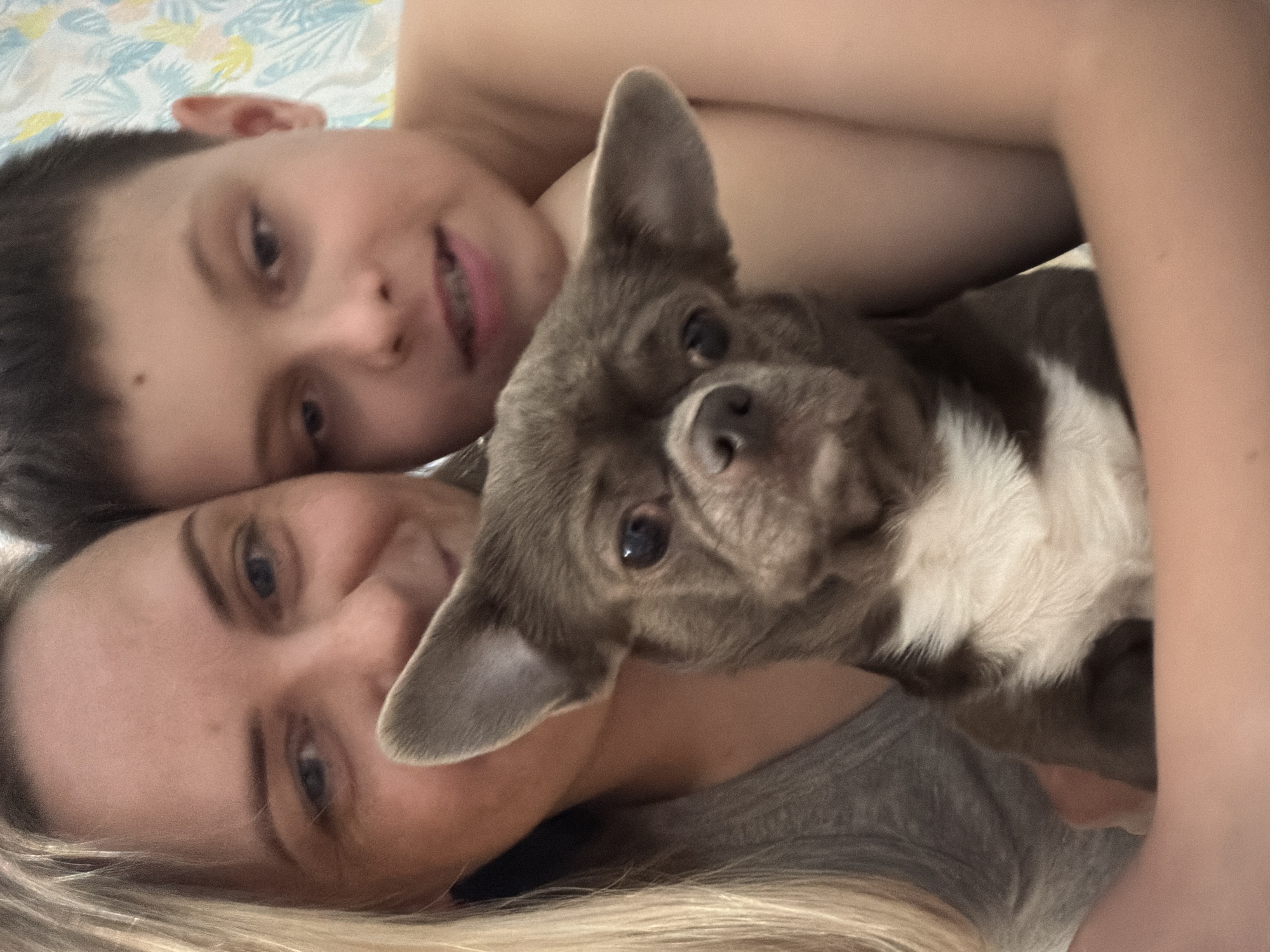 A close-up, slightly blurry photograph shows a person with blond hair, a child, and a dog. The person with blond hair lies on their back, looking at the camera. A child lies behind them, also looking at the camera and smiling. A grey and white dog is positioned between the two, looking directly at the camera. They appear to be indoors, possibly on a bed, based on the light blue and yellow patterned background. There is no indication of the city of Votkinsk, Russia, in the image.