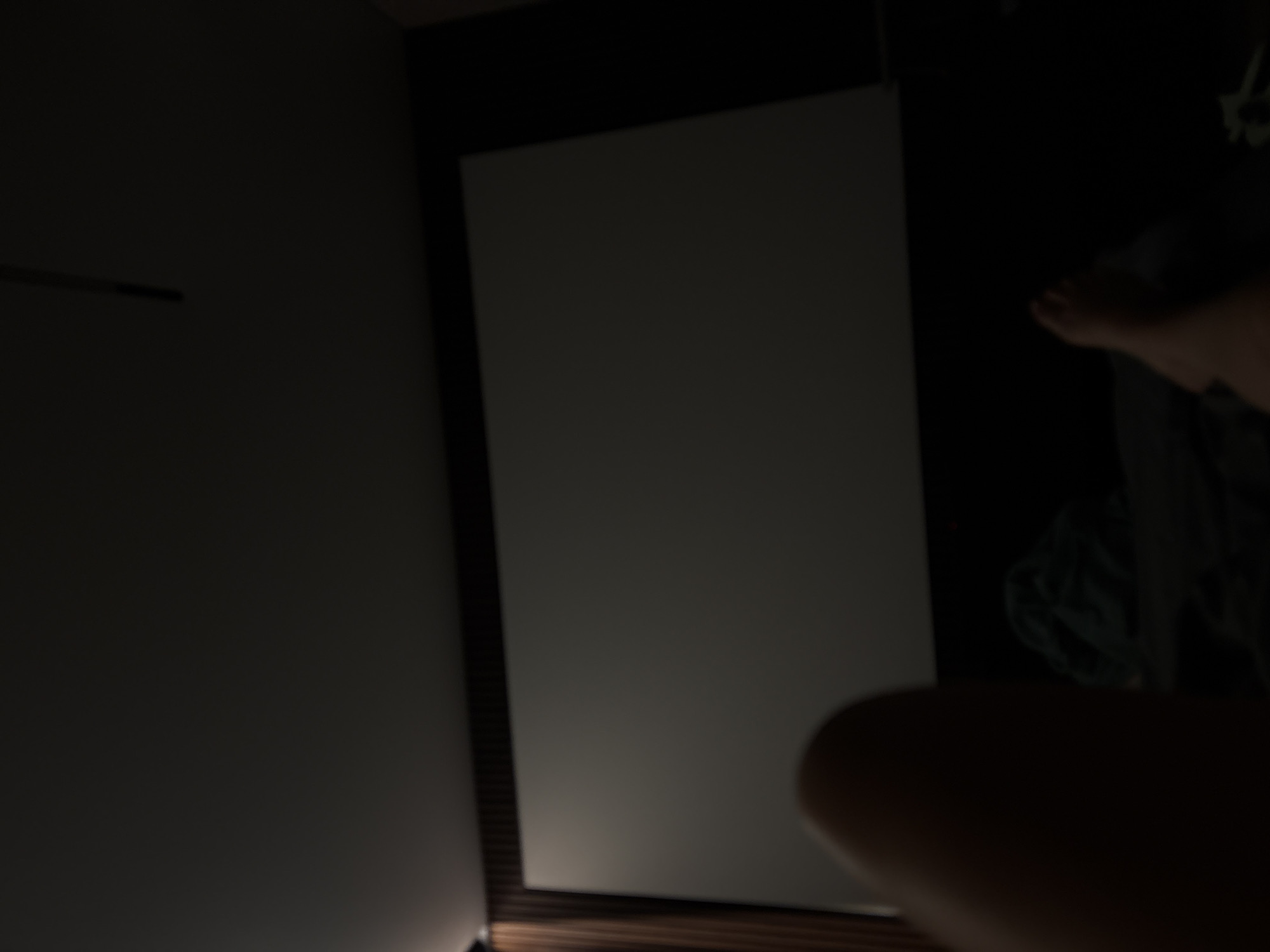The image shows a dimly lit indoor scene, likely a bedroom or dressing area in Mikhaylovsk, Russia. The primary object is a large, rectangular mirror that dominates the center of the frame. The mirror is tall and appears to have a dark, possibly wooden frame with a textured surface. The mirror's surface is largely unreflective, showing a muted gray and white expanse, suggesting it might be a dressing mirror or a closet door with a mirrored panel.
To the left of the mirror, a section of a wall is visible, appearing dark and plain. To the right of the mirror, the scene becomes darker and more obscured. A faint reflection of a person's bare foot and lower leg is visible in the lower right portion of the mirror, suggesting someone is standing or sitting in front of it. The foot appears pale and is partially obscured by darkness. Further to the right, in the background beyond the mirror, there are hints of dark objects and possibly clothing, with a splash of teal or turquoise color visible, suggesting fabric or a bag.
The overall lighting is dim, with a single light source, possibly from below and to the left, illuminating the bottom edge of the mirror and casting subtle light onto its surface. This low lighting creates a moody and somewhat mysterious atmosphere. There is no visible text in the image. The time of day is indeterminate due to the indoor setting and artificial lighting. The scene appears to be a personal space, possibly related to getting ready or preparing to leave.