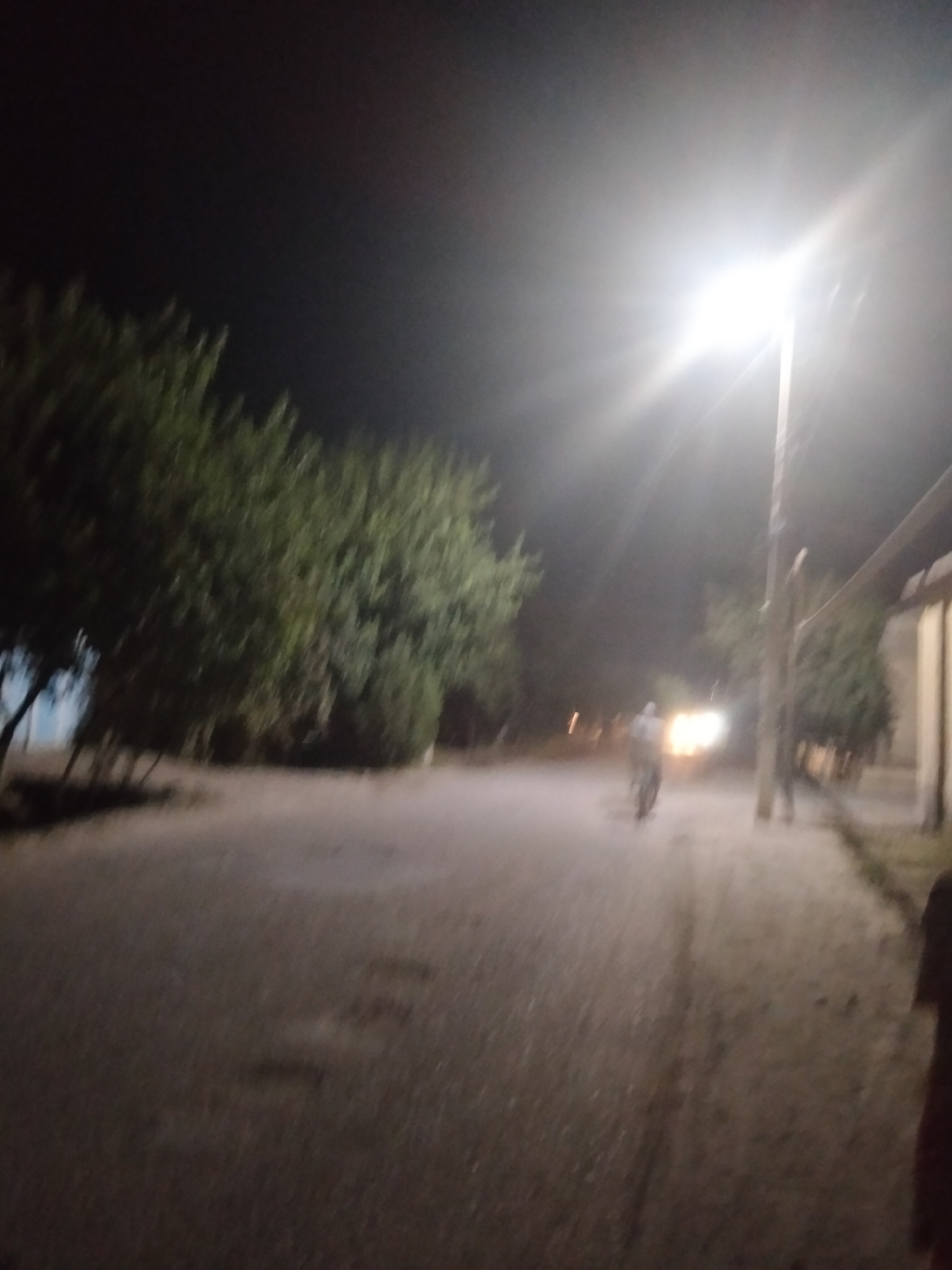 An outdoor, blurry, night-time, street scene in Kogon City, Uzbekistan is depicted. A bright street light illuminates the right side of the image, casting a glow across a paved road. On the left side of the road, dense foliage from trees lines the area. A person on a bicycle is visible in the middle ground, moving away from the viewer towards a blurry, illuminated vehicle in the distance. To the far right of the image, a person is partially visible, standing and facing away from the camera. The overall scene suggests a quiet, residential street at night.