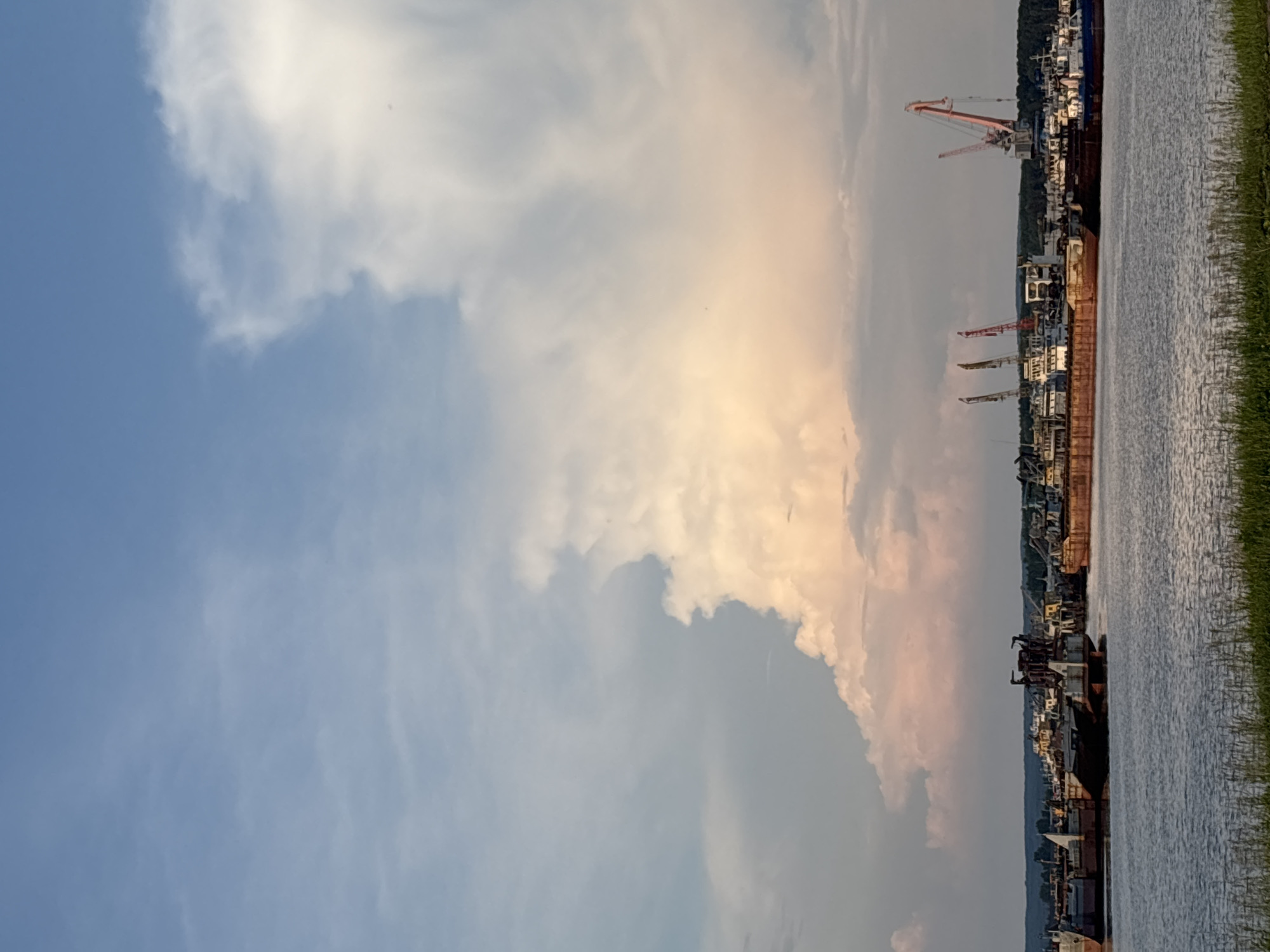 The image captures a serene waterfront scene in the city of Chaikovsky, Russia. In the foreground, a calm body of water reflects the sky, with a lush growth of green grass lining the bank. Dominating the middle ground is a collection of docked ships and industrial cranes, suggesting a port or shipyard. These vessels appear to be a mix of older, possibly decommissioned, barges and cargo ships, with their rusty hulls visible. Several large cranes, some red and others lighter in color, stand tall among the ships, indicating ongoing or past industrial activity. In the background, a distant tree line borders the horizon. The sky above is a dramatic display of clouds. A large, fluffy, light-pink and white cloud formation is prominent, with a lighter blue sky visible in the upper portions of the image. The overall impression is one of a working port at dusk or dawn, bathed in soft, natural light.
