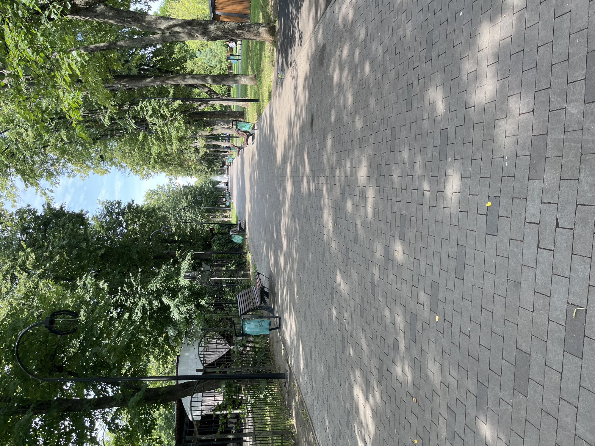 The image depicts a pedestrian walkway in a park-like setting, likely in Kharkiv, Ukraine, characterized by a wide, paved path made of grey rectangular bricks. Lush green trees with dense foliage line both sides of the walkway, casting dappled shadows onto the path. Several park benches are visible along the sides of the path, some occupied by unseen individuals. There are also trash receptacles and streetlights placed intermittently. In the distance, a fountain can be seen, suggesting a public recreational area. The sky is visible above the trees, indicating an outdoor daytime scene. The overall impression is one of a serene and well-maintained public space.