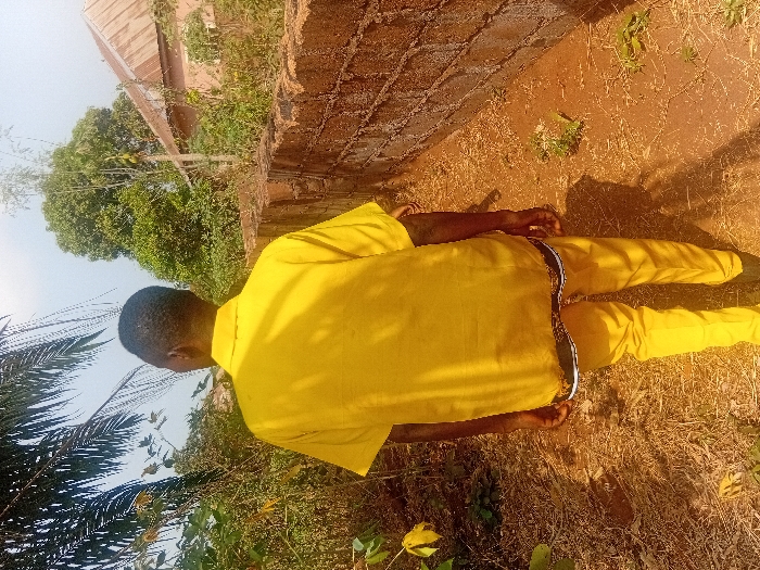 An adult male is observed from behind, walking away from the camera in Ayangba, Nigeria, under a clear sky. He wears a short-sleeved yellow shirt with a black and white patterned border at the lower hem, yellow trousers, and dark shoes. The ground is reddish-brown earth with sparse dry grass and small green plants. To the left, dense green and yellowish foliage is present, including the fronds of a palm tree. To the right, a low, rough-textured wall of reddish-brown blocks runs parallel to the walking path. Beyond the wall and additional greenery in the background, a building with a rusted corrugated metal roof and several large green trees are visible. Strong sunlight casts the subject's shadow to his right.