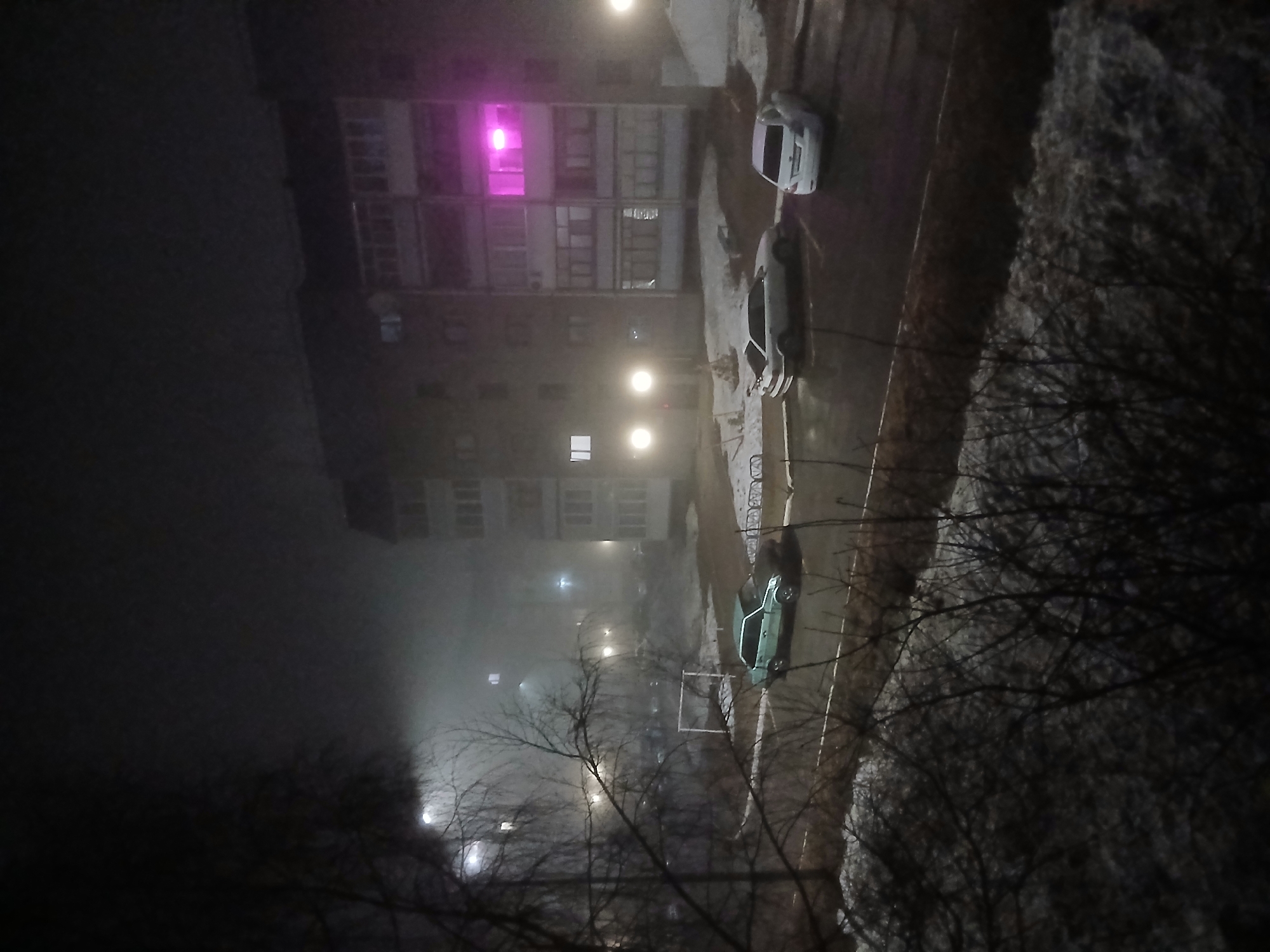 Observed from an elevated perspective at night in Марковский, Russia, the scene depicts a multi-story residential building with a pink-lit window, several parked cars, and sparse winter vegetation. The environment is foggy and dimly illuminated by streetlights. A soccer goal is also visible in the distance.