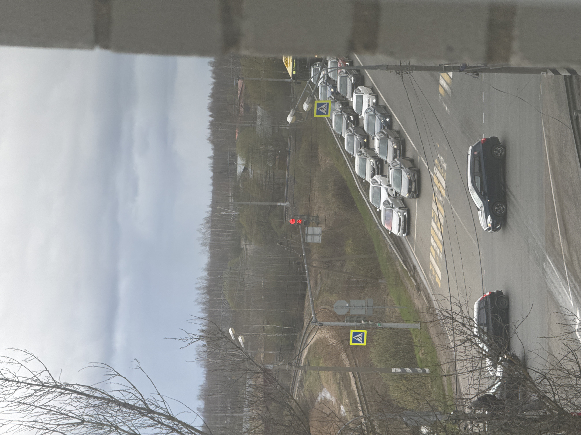 This media file presents an elevated, slightly tilted view of a road in Ново-Никольское, Russia, under an overcast sky. The scene depicts a traffic situation, likely from late winter or early spring, given the bare trees.
The primary subject is a multi-lane asphalt road with vehicles. In the leftmost lane visible, a long queue of approximately ten cars, predominantly white or silver, is stopped. A red traffic light, positioned to the left of the road, is clearly illuminated, displaying a digital countdown of "18" seconds. Adjacent to the queued cars, a dark-colored SUV is visible in another lane, potentially moving or waiting. Further down the road, another dark vehicle is partially seen.
The road features multiple pedestrian crossings, marked by distinct white and yellow zebra stripes. Two prominent yellow diamond-shaped road signs, each bearing a black pedestrian symbol, indicate these crossings. Utility poles with overhead wires and streetlights line the side of the road.
Beyond the road, the landscape consists of an area with sparse, leafless trees and earthy tones, suggesting dormant vegetation. A denser line of trees forms the horizon in the background. The sky is uniformly grey and cloudy, indicating an overcast day. In the immediate foreground on the bottom left, out-of-focus bare tree branches frame a part of the image. The view is captured from an elevated position, with a building structure partially visible at the top of the frame.