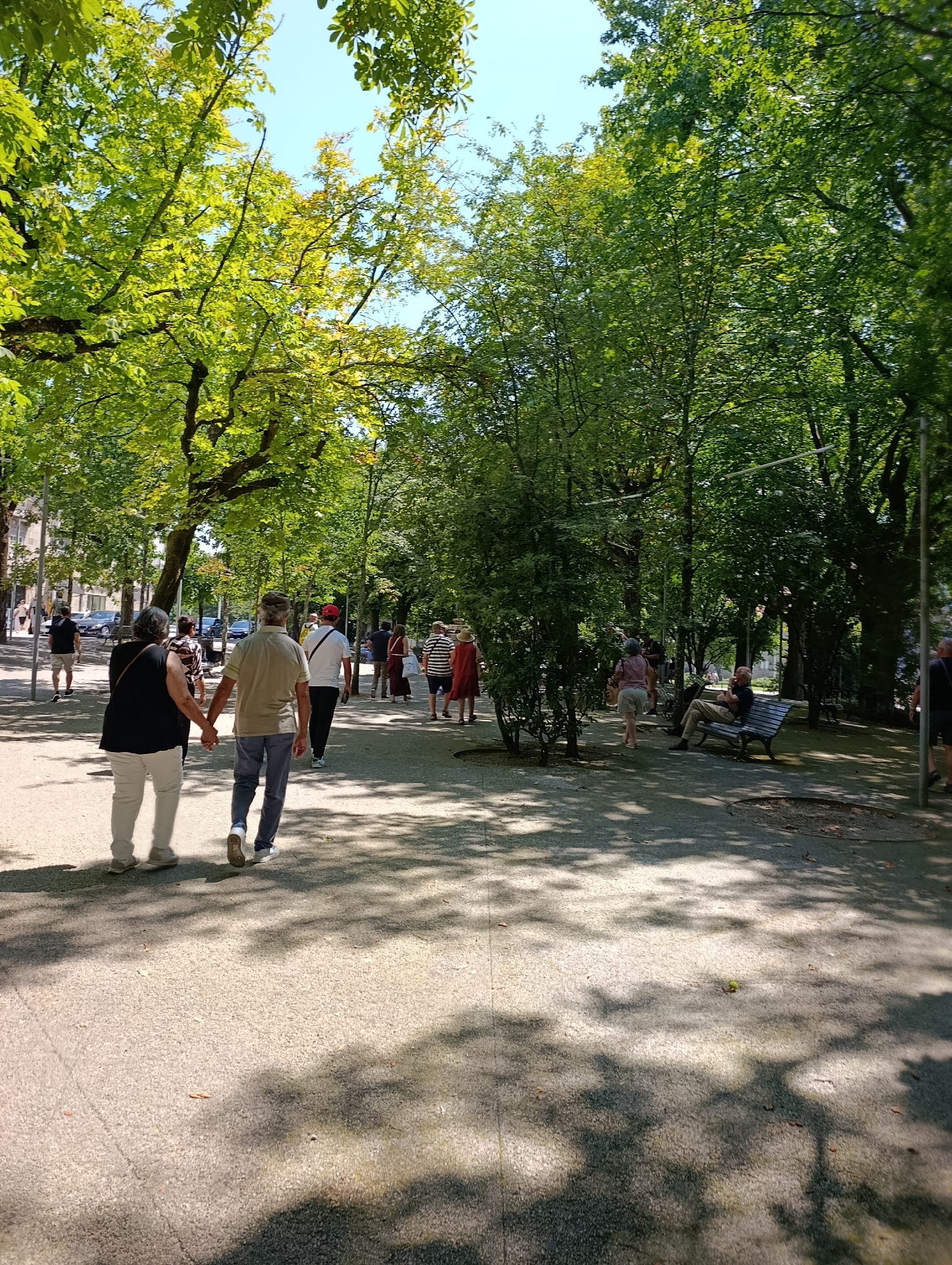 A group of people are walking along a paved path in a tree-lined park. The park is lush with green trees casting dappled shadows on the ground. In the foreground, a couple holds hands as they walk away from the camera. The woman wears a black top and white pants, while the man wears a tan shirt and blue jeans. Behind them, other individuals stroll along the path. One person, seen from the back, wears a white shirt and black pants. Further down the path, a man sits on a park bench, and several other people are visible in the distance, some walking and others standing. Cars are parked along a street visible in the background, and buildings line the street beyond the park. The sky above is clear and blue. This scene appears to be in the Alameda de São Damião in Guimarães, Portugal, known for its beautiful park and recreational spaces.