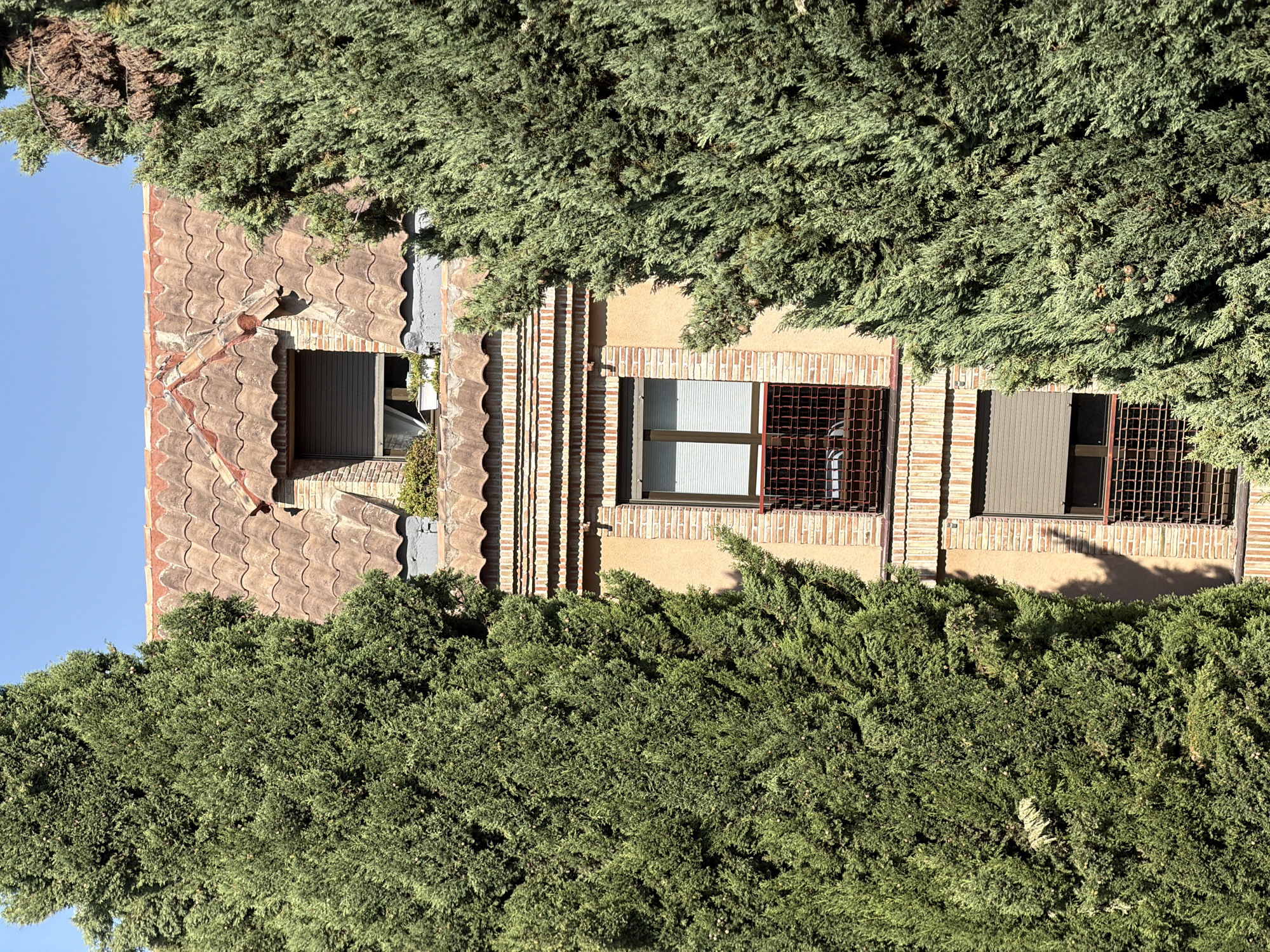 The image captures a close-up view of a building facade partially obscured by large, mature cypress trees. The building features a tiled roof with a dormer window at the top. Below the roof, there are brick decorative elements and several windows. The windows have shutters and metal security bars. The trees are dense and green, framing the building and creating a natural screen. The sky is clear blue. The location is identified as Las Rozas de Madrid, Spain. There are no people or any discernible actions or interactions taking place in the scene. The image appears to be a still photograph taken during daylight hours.