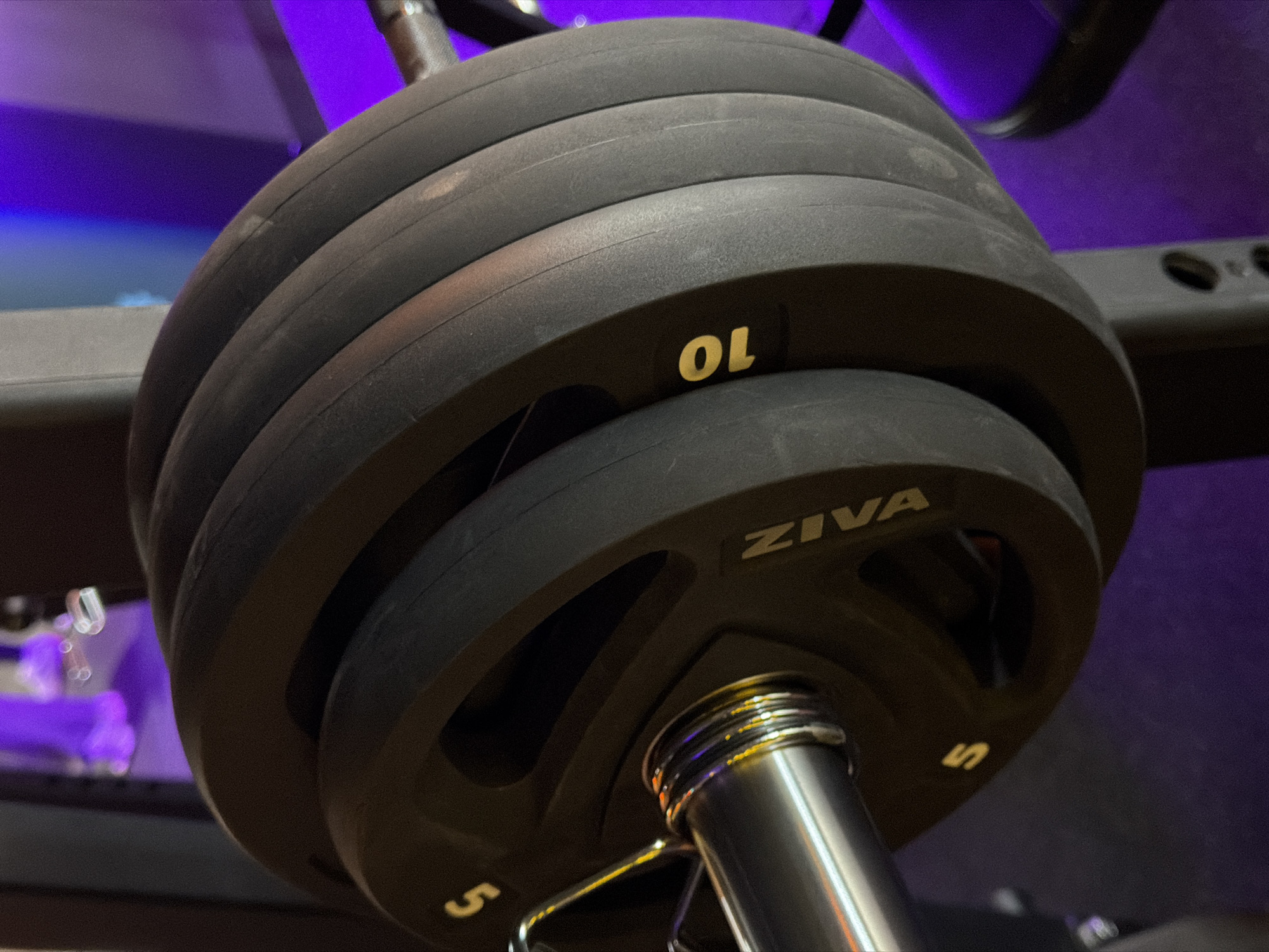 A close-up photograph depicts a weight rack loaded with several black weight plates. The plates are stacked on a chrome barbell, with the bottom plate bearing the inscription "ZIVA" and a "5" indicating its weight. A plate above it is marked with "10." The plates are likely made of rubber or plastic, with a slight texture to the surface.
The backdrop includes gym equipment and a purple light, indicating an indoor gym setting. There is no information to confirm this image was taken in the city of Krasnoyarsk, Russia.