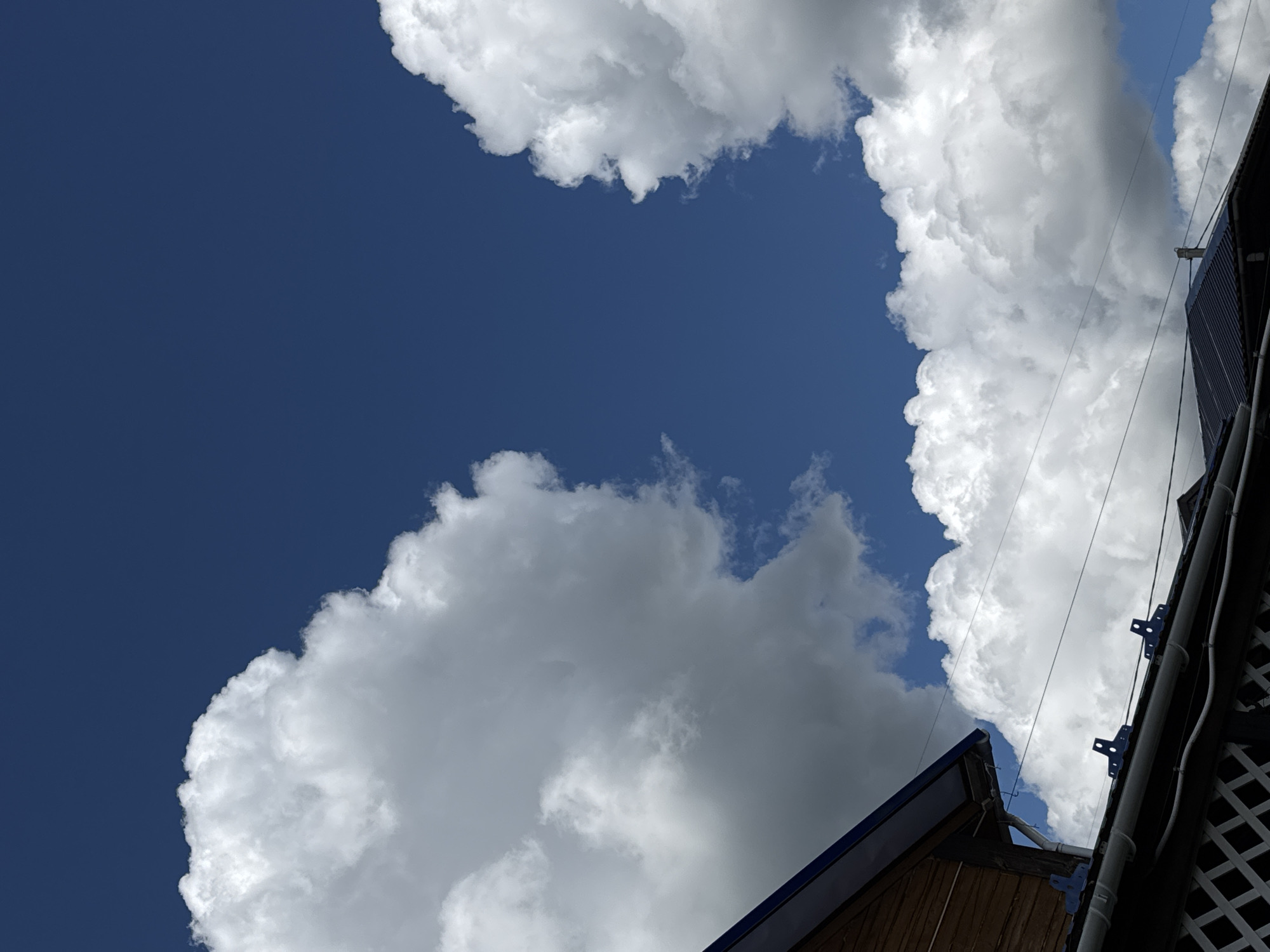 This is a landscape photograph taken from a low angle, looking up at a deep blue sky dotted with dramatic, puffy white clouds. The clouds are the dominant subject, filling the upper and right portions of the frame. They appear bright and voluminous, suggesting a sunny day.
In the lower right corner, a portion of a building is visible, angled upwards. It features a dark roof with a blue edge, and wooden siding. Extending from the building are various pipes and wires, held in place by blue brackets. A white lattice pattern is also visible on the right edge of the building structure.
The scene suggests an outdoor setting, possibly a residential or agricultural area, given the building elements. The bright clouds and clear blue sky indicate fair weather, likely during daylight hours, perhaps mid-morning or afternoon. There are no people or animals visible in the frame. The composition, with the sky and clouds taking up most of the image and the building receding into the corner, gives a sense of openness and perhaps a feeling of wonder or awe at the sky. There is no visible text in the image.