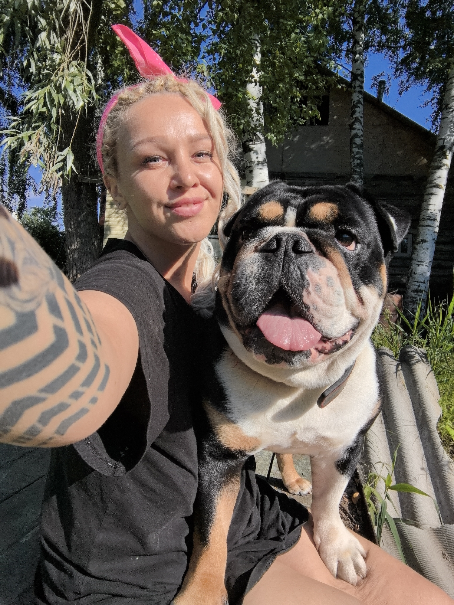 A blonde woman wearing a pink headband and a black t-shirt is taking a selfie with an English bulldog in an outdoor setting, possibly in Noviy, Russia, given the context. The woman has blonde hair in braids and is smiling at the camera. The bulldog is black, white, and tan, with its tongue sticking out. The background shows trees, a wooden building, and a clear blue sky, suggesting a rural or suburban environment. The woman's left arm, which is visible in the foreground, has a large tattoo. The image captures a moment of shared enjoyment between the woman and her dog in a sunny, natural environment.