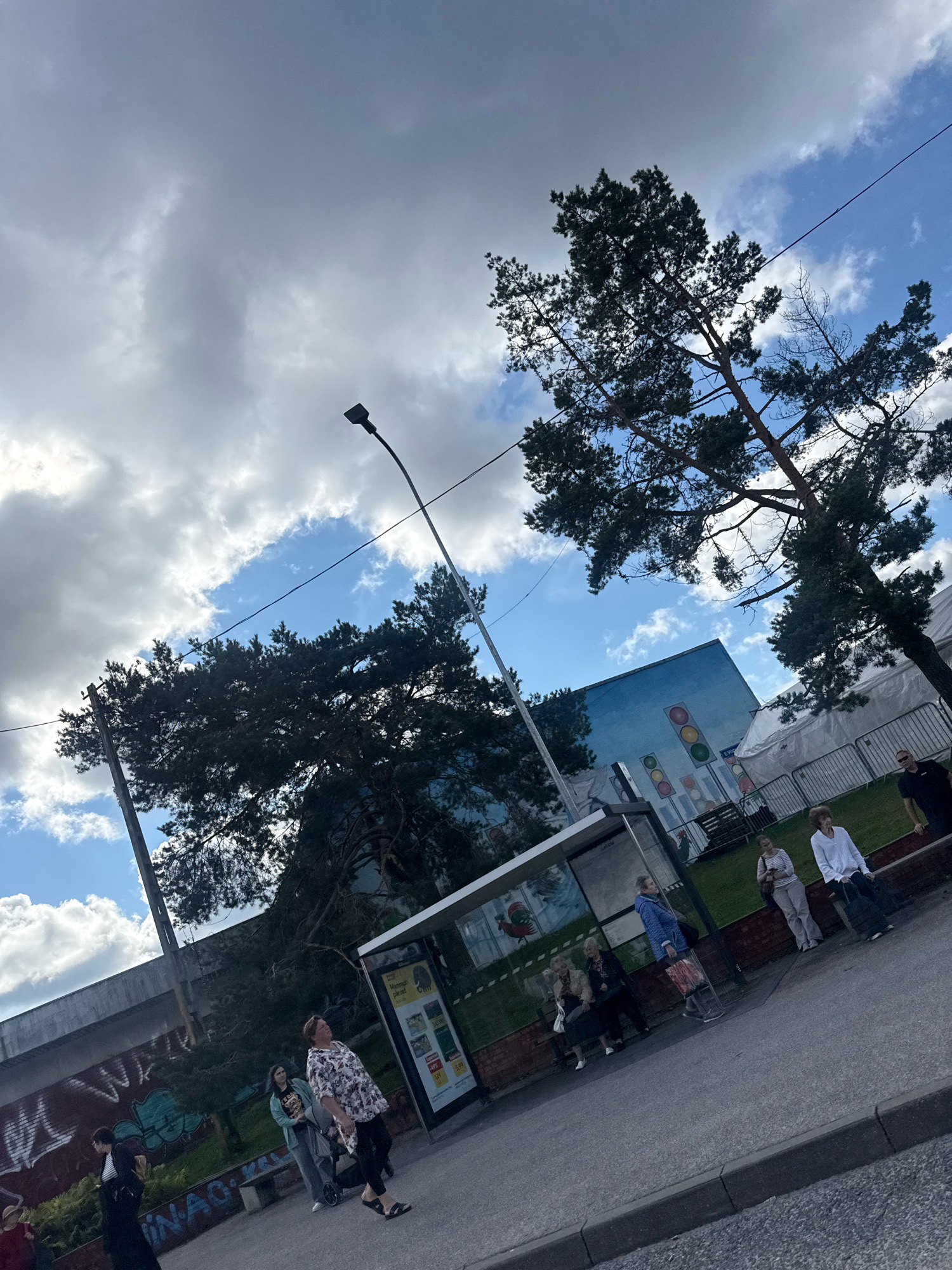 The image captures a street scene with a bus stop, people, and trees under a partly cloudy sky. The location is identified as Tallinn, Estonia, specifically on Narva maantee, in front of the Estonian Academy of Arts.
In the foreground, a bus stop shelter is visible. Inside and around the shelter, several individuals are present. Some are standing, while others are seated. One woman, wearing a floral patterned blouse and dark pants, is walking away from the camera towards the right. Another woman in a blue jacket is standing at the bus stop, and a woman in a white top and grey pants is seated. To the right, a man in a black t-shirt and sunglasses is standing.
Behind the bus stop, a building with a mural depicting traffic lights is visible. A large pine tree with dark green needles dominates the mid-ground and extends into the upper portion of the image, with its branches obscuring parts of the sky. Another, sparser tree is to its right. A street light is positioned to the left of the bus stop and the taller tree.
In the background, a grey wall with graffiti is present on the left side. A white tent structure and metal fencing are also visible behind the bus stop and the building with the mural, suggesting a temporary setup or event. The sky is a mix of blue patches and white and grey clouds. The ground is paved with asphalt, and a concrete curb runs along the edge of the road. The overall impression is a typical urban streetscape on a cloudy day.