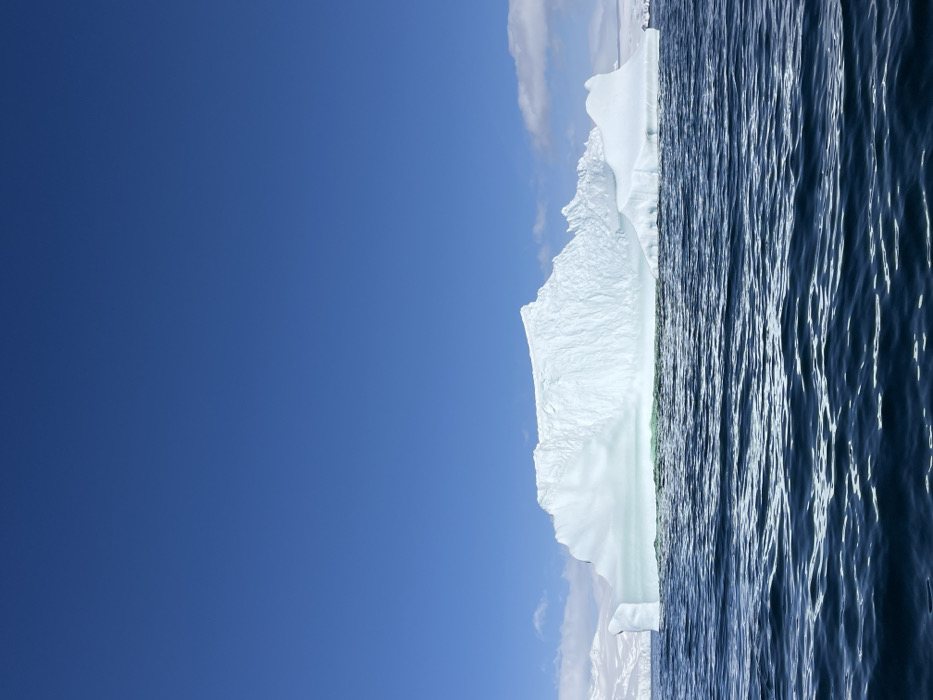 The scene depicts a large, irregularly shaped iceberg floating in dark blue, wavy ocean water under a clear, bright blue sky. The iceberg, primarily white and light blue, presents a jagged, mountainous profile with visible striations and a distinct greenish tint along its waterline. Distant, snow-covered landmasses or mountains are visible on the horizon to both the left and right, with sparse white clouds present in the sky above the right horizon. No people, animals, or man-made structures are discernible within the frame. The environment is a natural, icy, marine landscape. The exact geographic location is unknown.