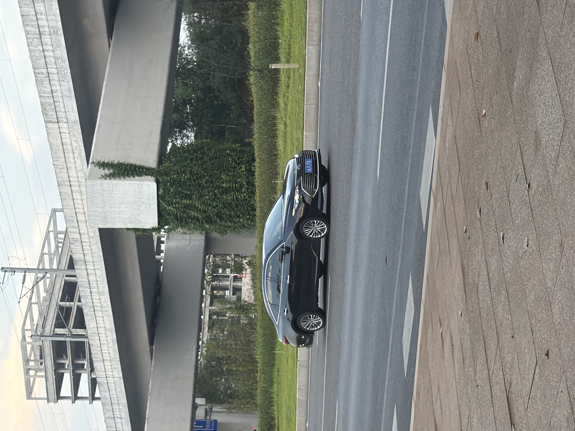A black sedan, license plate AVJ781, drives on a road under a concrete overpass. The overpass is supported by large concrete pillars and has an unfinished concrete structure visible above it. Green trees and bushes line the side of the road. The sky is overcast. The foreground shows a paved walkway with some scattered leaves.