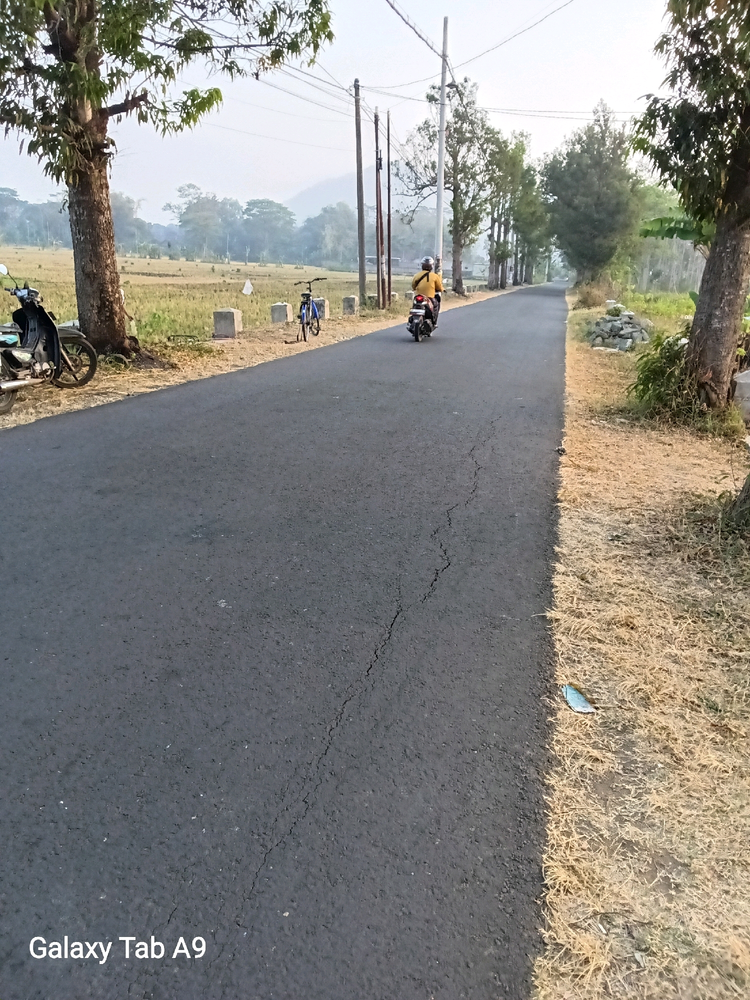 The image depicts a scene on a paved road in Bendorejo, Indonesia, likely during the daytime given the lighting. The road has a noticeable crack running down its center. On the left side of the road, a black motorcycle is parked near a large tree. Further down the road, a blue bicycle is standing upright, seemingly unattended. In the middle of the road, a person wearing a yellow shirt and a helmet is riding a motorcycle away from the viewer. The roadside on the left features dry grass and some concrete blocks. On the right side of the road, the shoulder is covered in dry, yellowish grass and some scattered rocks. Beyond the road, the landscape consists of agricultural fields with dry crops, trees, and a hazy background suggesting distant hills or mountains. Several utility poles are visible along the roadside. The atmosphere appears calm and rural.