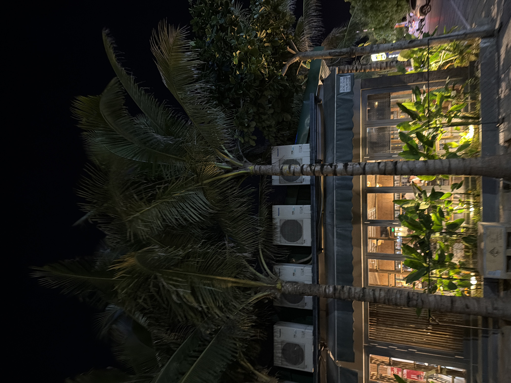 The image depicts a street-level view of a building at night, likely a restaurant or shop, in Da Nang, Vietnam. The building has a dark green awning extending over a storefront with large glass windows that reveal a warmly lit interior. Several outdoor air conditioning units are mounted on the roof of the building. In front of the building, palm trees are prominently featured, with lush green plants visible beneath them, illuminated by artificial lighting. The street in front of the building appears to be paved, and to the right, a vehicle and a motorcycle are parked on the side of the road. The overall ambiance is one of an evening scene in a tropical urban environment.