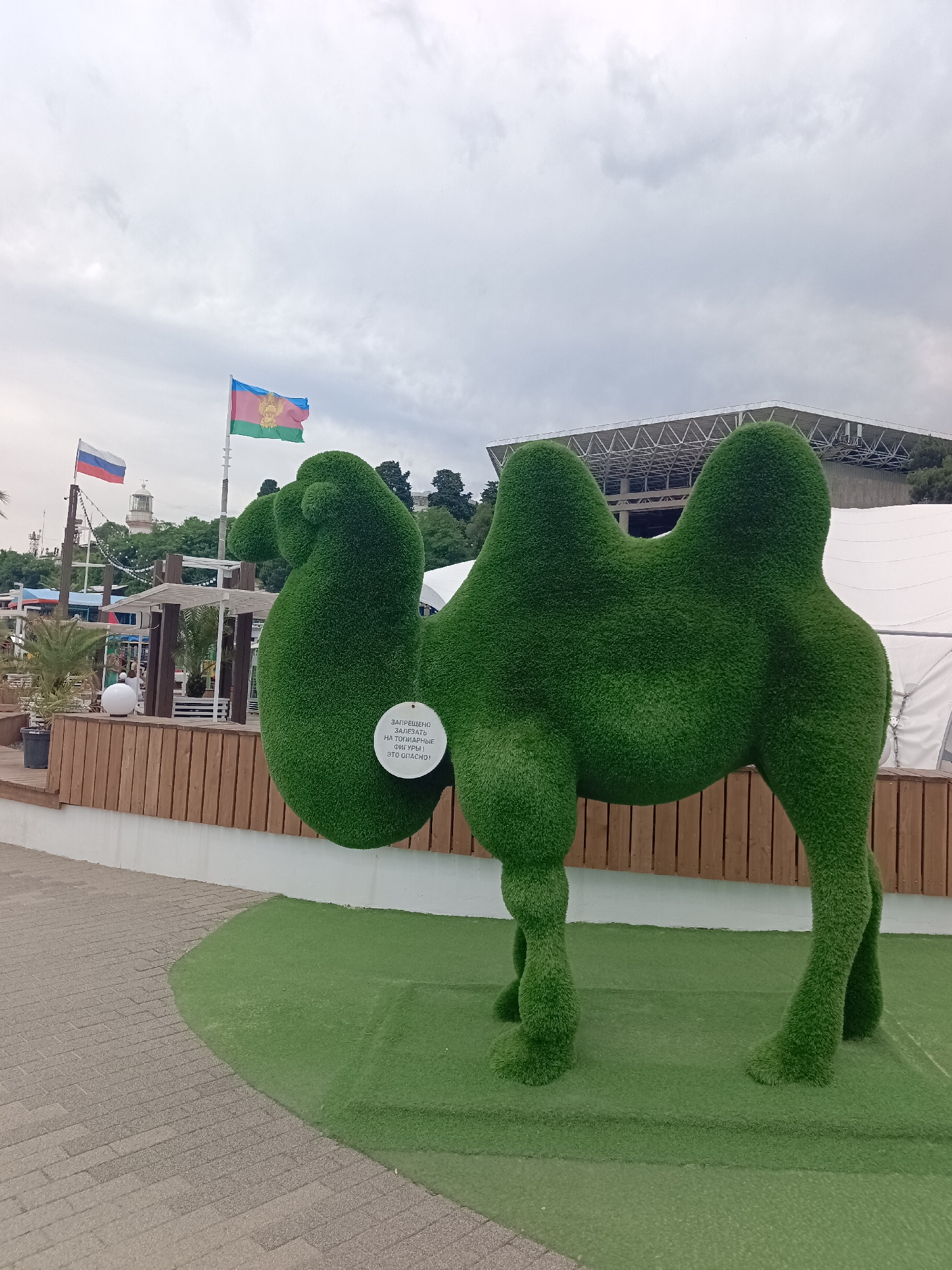 A topiary sculpture of a camel, made of green artificial grass, stands on a patch of artificial turf in an outdoor public space. A circular white sign is attached to the camel's neck with Russian text that reads: "ЗАПРЕЩЕНО ЗАЛЕЗАТЬ НА ТОПИАРНЫЕ ФИГУРЫ! ЭТО ОПАСНО!" which translates to "It is forbidden to climb on the topiary figures! It is dangerous!". The sculpture is located in Sochi, Russia, likely along the waterfront, as suggested by the presence of flags and the blurred background which includes a lighthouse, a marina, and a large white tent structure. The sky is overcast. The ground in front of the sculpture is paved with cobblestones. Wooden fencing and some palm trees are visible behind the sculpture.
