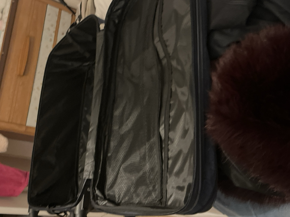The image displays an open, empty dark-colored soft-sided suitcase, positioned within an indoor environment in the city of Rennes, France. The suitcase's lid is open upwards, revealing a main empty compartment and several internal pockets, some constructed from black mesh material, all lined with a dark grey fabric. In the immediate blurred foreground, a mass of reddish-brown fur-like material is visible at the bottom of the frame. The background features a light-colored wooden dresser or chest of drawers on the right, distinguished by a horizontal handle. Above the dresser, blurred elements including a pink fabric item and a white fluffy object are partially visible. No individuals, explicit actions, or interactions are discernible.