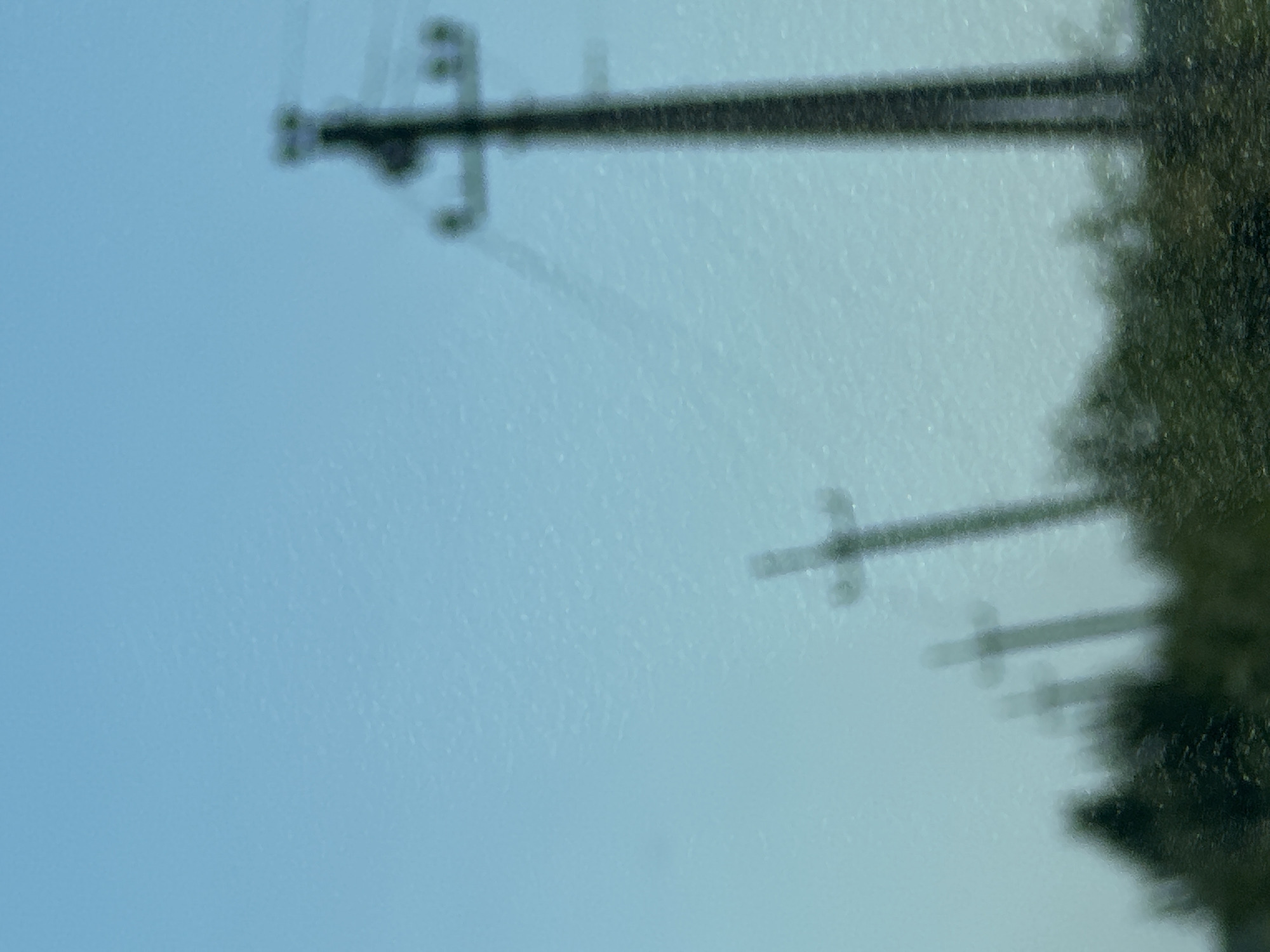 The image, taken in Korchivka, Ukraine, depicts a row of blurred utility poles receding into the distance against a pale blue sky. The poles, which appear to be made of dark wood or metal, are spaced unevenly along what seems to be a rural or semi-rural landscape. Some of the poles are equipped with crossbars, suggesting they carry electrical wires or telecommunications equipment. The foreground is dominated by a dark, out-of-focus band of vegetation, possibly trees or bushes, further obscuring the ground. The overall impression is one of an overcast or hazy day, contributing to the soft focus of the scene. There are no people or animals visible in the image.
