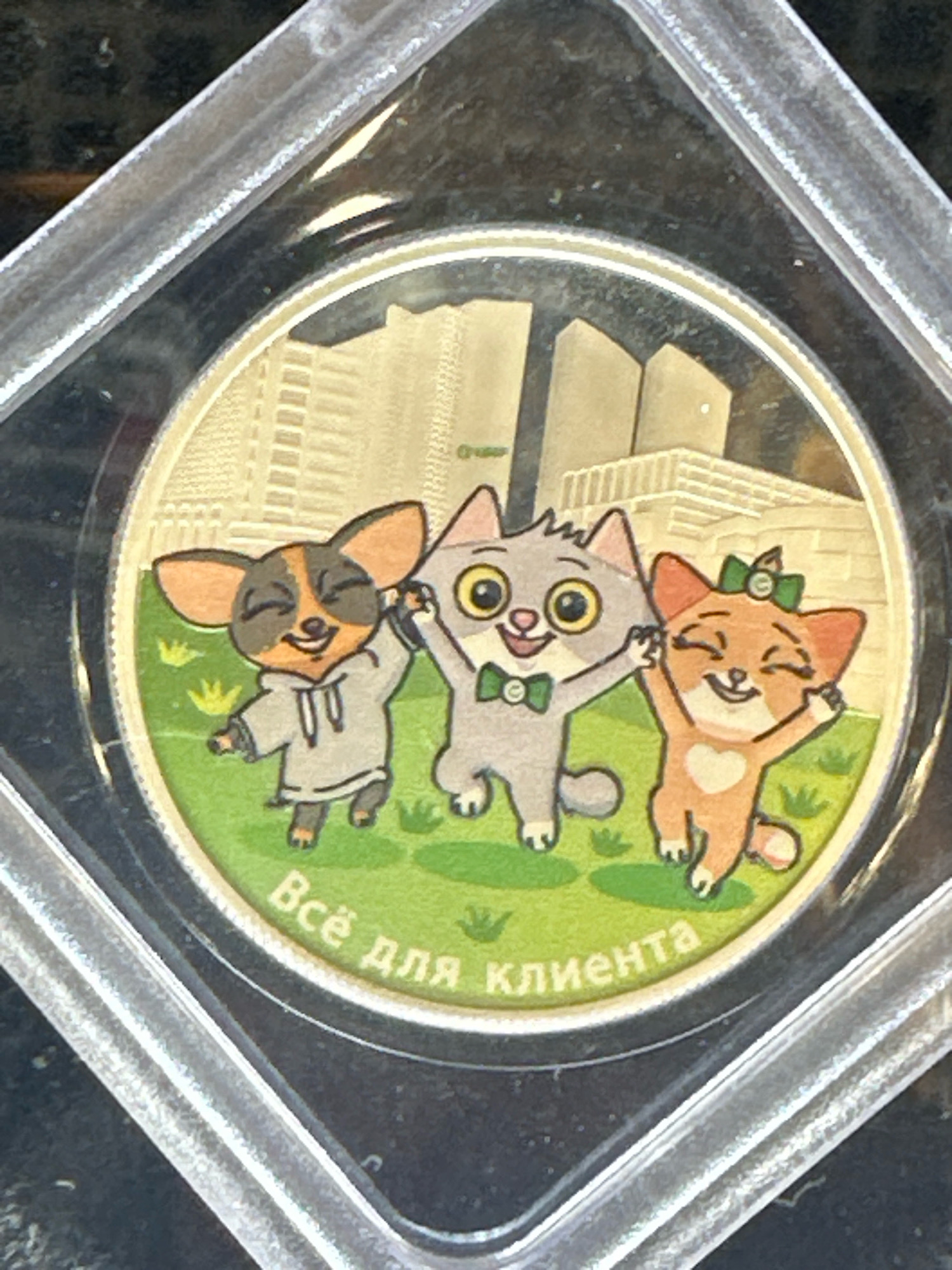 The image shows a close-up of a coin within a protective casing. The coin features a cartoon illustration of three anthropomorphic animals: a dog and two cats, standing on a green grassy surface with stylized buildings in the background. The dog, on the left, is wearing a grey hooded sweatshirt and has its eyes closed and a wide smile. The cat in the center is grey with large yellow eyes and a green bowtie, and it is also smiling. The cat on the right is orange, wearing a green bow on its head, and has its eyes closed and a happy expression. The phrase "Всё для клиента" (Vse dlya klienta), which translates to "Everything for the client," is inscribed in Russian on the lower part of the coin. The coin is encased in a clear, diamond-shaped protective holder. There is no specific information in the image that would indicate its location in the city of Biysk, Russia, or any other specific geographical location.