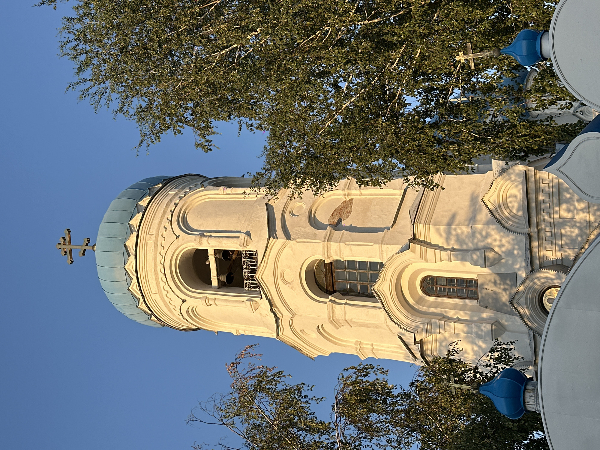 The image shows the bell tower of the Assumption Cathedral in Biysk, Russia, on a clear day. The bell tower is tall and white, with a blue dome at the top. It features arched windows and decorative elements. Bells are visible within the arched openings of the tower. Trees with green leaves frame the bell tower, partially obscuring it on both sides. The sky is a vibrant blue. At the bottom of the image, parts of other blue domes of the cathedral are visible. The lighting suggests it is either early morning or late afternoon, with sunlight casting shadows on the tower.
