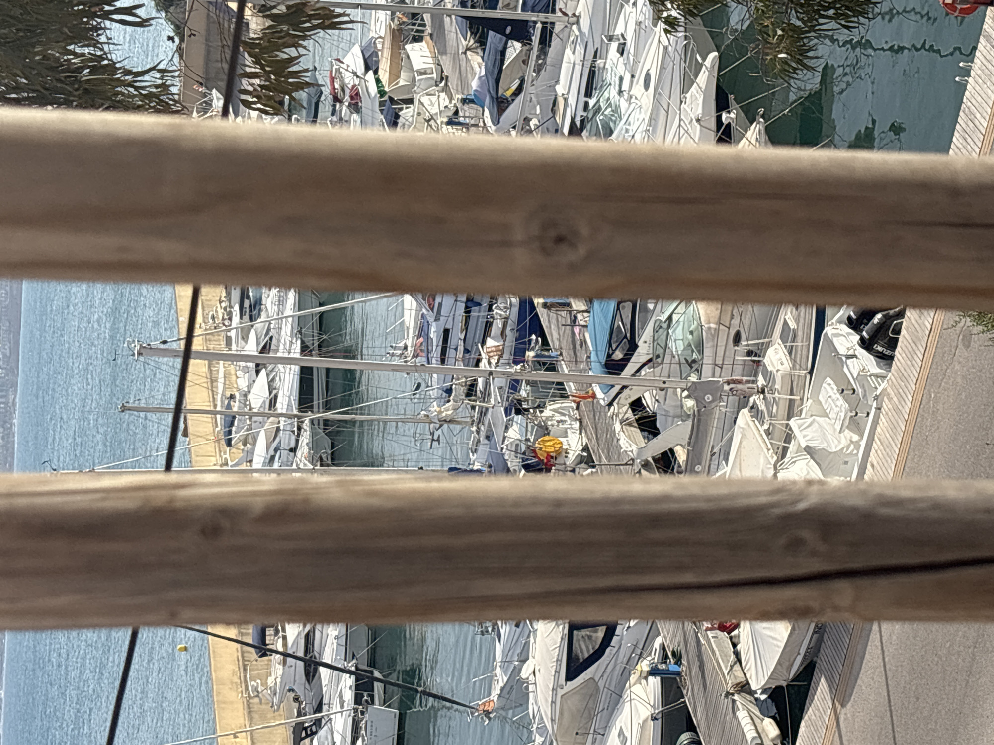 The image shows a view of a marina in Urbanización Cabo Roig, Spain, seen through wooden posts. The marina is filled with numerous white boats of various sizes, many of which are moored at docks. The water is a deep blue, reflecting the clear sky. In the background, a coastline with buildings is visible, and the sea stretches out to the horizon. There are no people prominently visible in the image. The scene appears to be a sunny day, with clear lighting and shadows. The overall impression is one of a peaceful harbor scene.