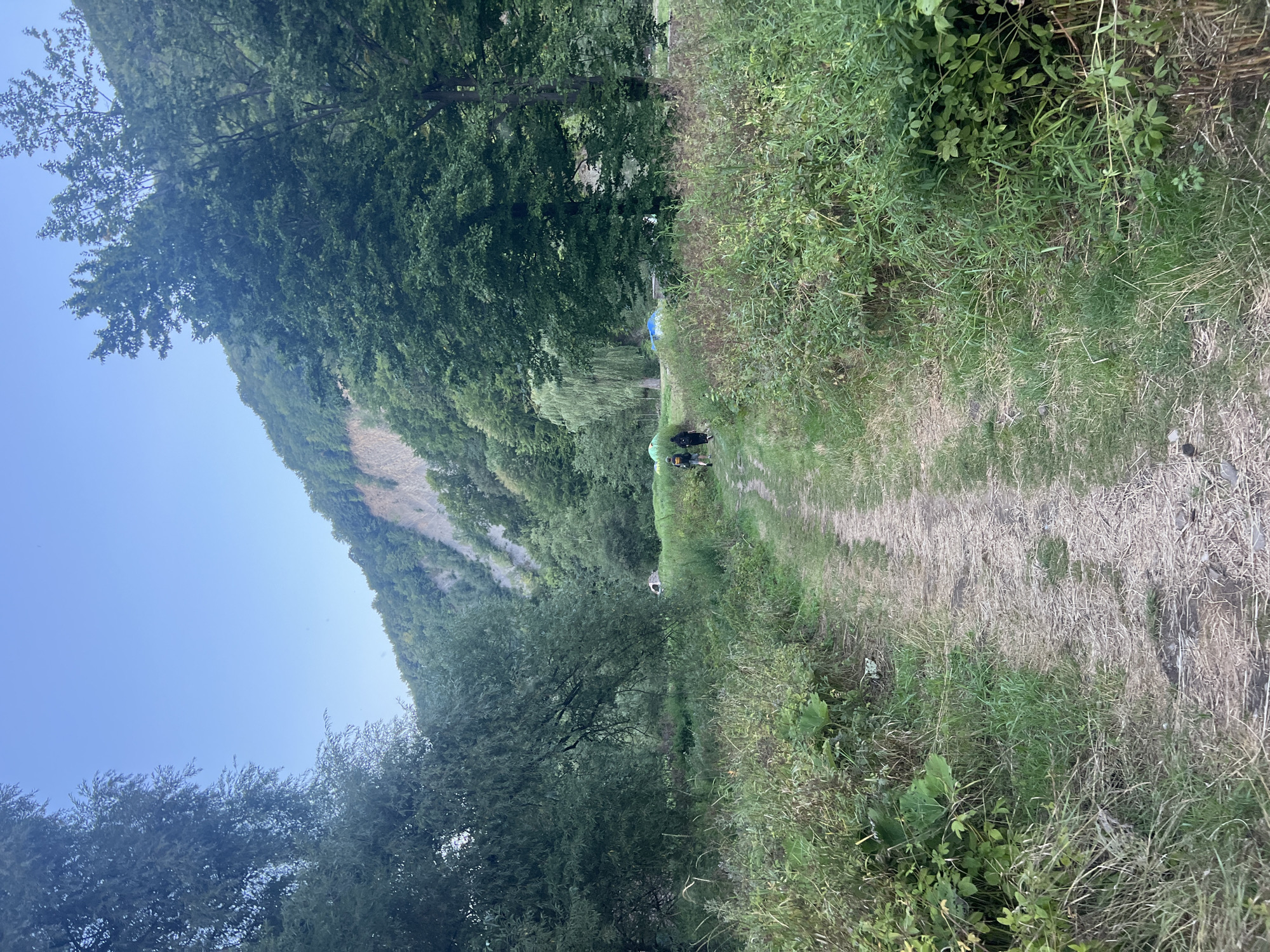A dirt path leads through a grassy field towards a wooded area with a steep, rocky incline in the background. Two individuals are walking away from the camera on the path. Several tents are visible in the distance, scattered among the trees. The sky is clear and blue. The location is the city of Yaremche, Ukraine.
