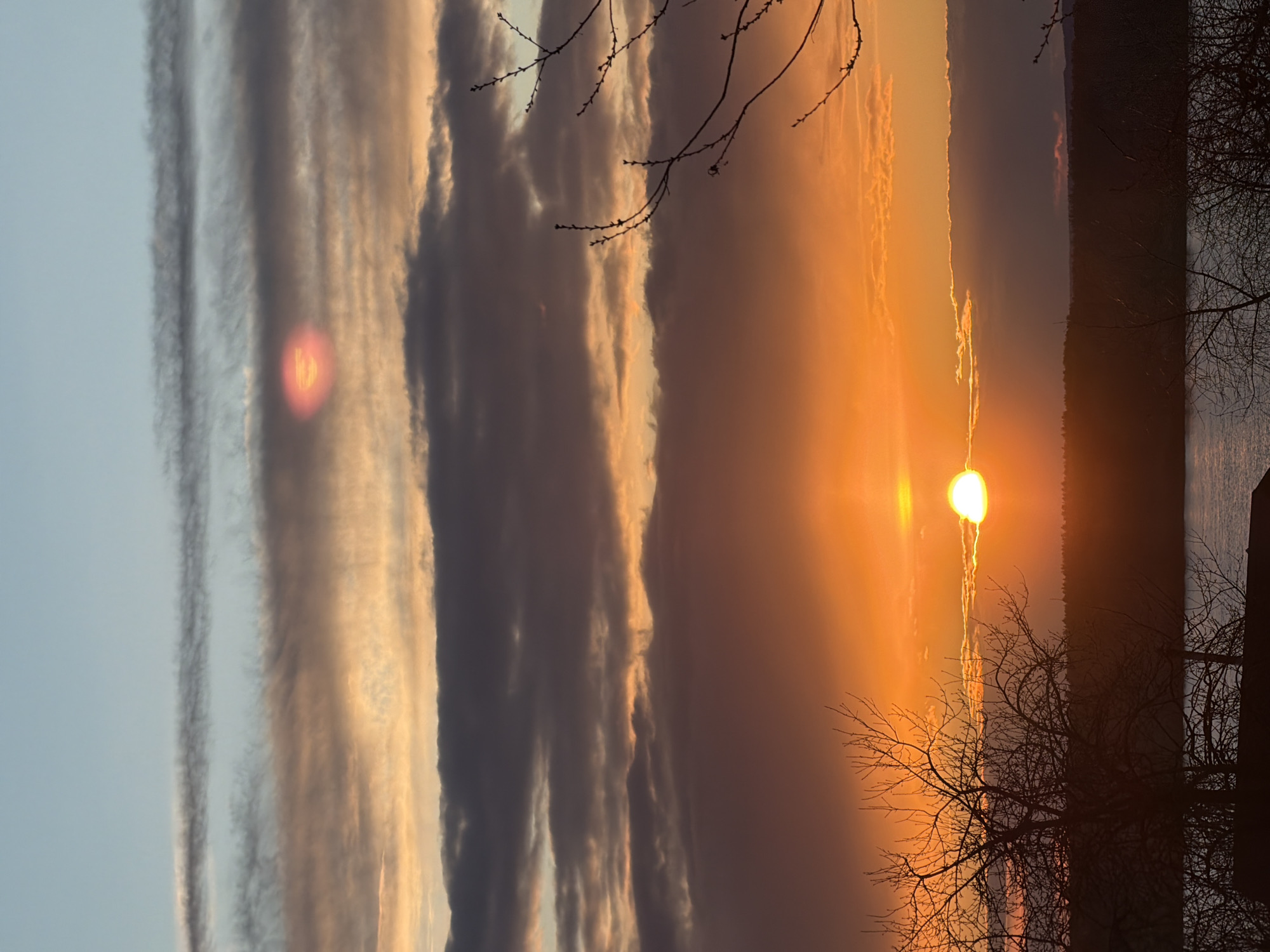 The image captures a dramatic sunrise or sunset over a vast natural landscape, likely in Chaikovsky, Russia. The scene is dominated by a vibrant sky, split by a prominent horizon line.
On the right side of the frame, a brilliant, intense yellow-orange sun hangs low, casting a powerful glare and a radiant column of light that stretches both upwards and downwards through the atmosphere. The sky transitions from fiery oranges and yellows near the sun to softer purples, greys, and light blues on the left. Long, streaky clouds extend horizontally across the sky; some are illuminated with golden hues by the sun, while others appear darker and more muted grey-purple, creating a striped effect. A distinct, bright pinkish-red circular flare or light anomaly is visible within the clouds on the far left side of the sky.
In the foreground, the silhouetted, bare branches of deciduous trees frame the bottom-right portion of the image, their intricate patterns stark against the vibrant sky. Below the horizon line, a calm body of dark water, likely a river or reservoir, is visible. Beyond the water, a dark, undulating strip of land or forest completes the distant landscape. The lighting strongly suggests either dawn or dusk, with the sun at a low angle. The weather appears clear enough for the sun to be visible, but with significant cloud cover creating striking light play. There is no visible text in the image.