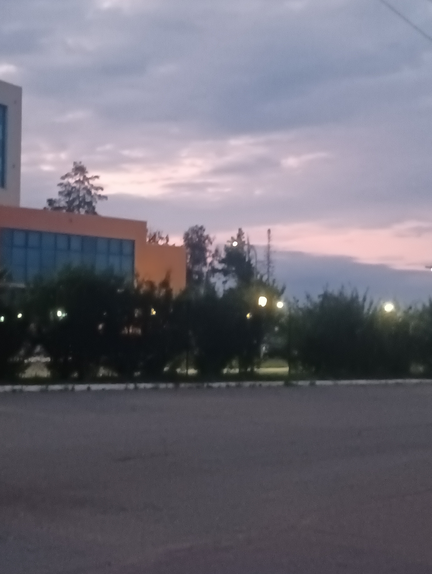 The image shows an exterior view of a building with an orange facade and blue-tinted windows. The building is flanked by trees and vegetation. In the foreground, there is a paved area, likely a parking lot or roadway, with a curb and a white line. The sky is overcast with soft pink and purple hues, suggesting it is either dawn or dusk. The location is identified as Прикамский, Russia. No people are visible in the image.
