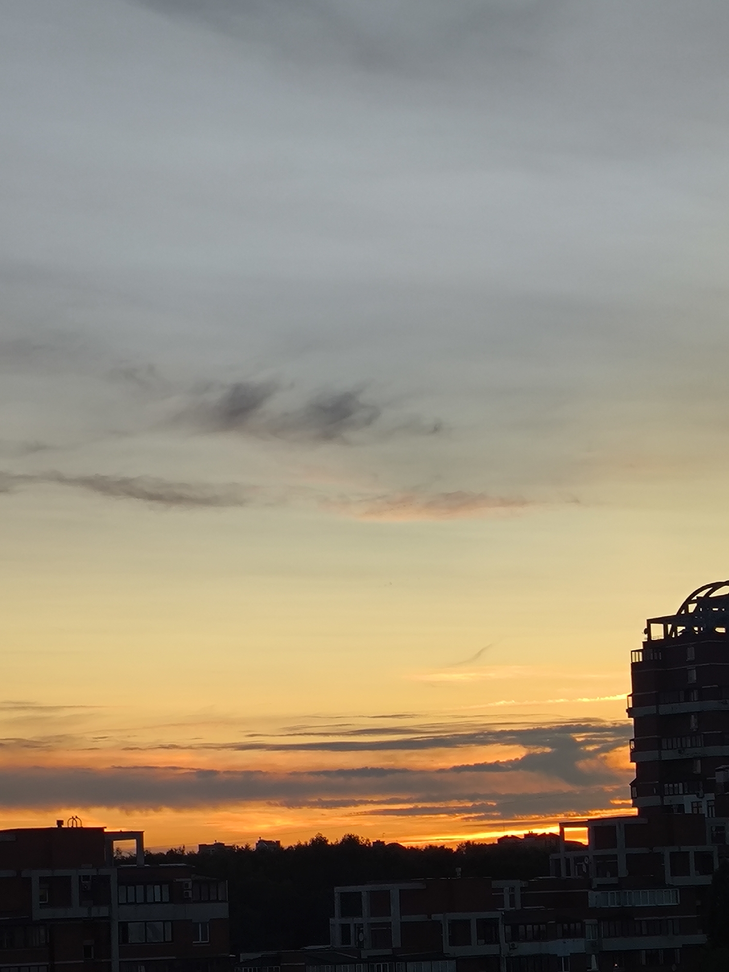 A vertical, eye-level, full shot captures a city skyline at sunset. The sky transitions from a muted grey at the top to a vibrant orange and yellow near the horizon. Thin, wispy clouds streak across the sky, some tinged with pink. In the foreground, the silhouettes of several buildings are visible. The tallest building, on the right, is a dark, multi-story structure with a distinctive curved architectural element at its peak. To the left and bottom, other buildings with visible windows and balconies are partially visible, also in silhouette against the colorful sky. A line of dark trees forms a dense band across the middle ground, separating the buildings from the horizon. The overall impression is of an urban environment bathed in the warm, fading light of the setting sun.
