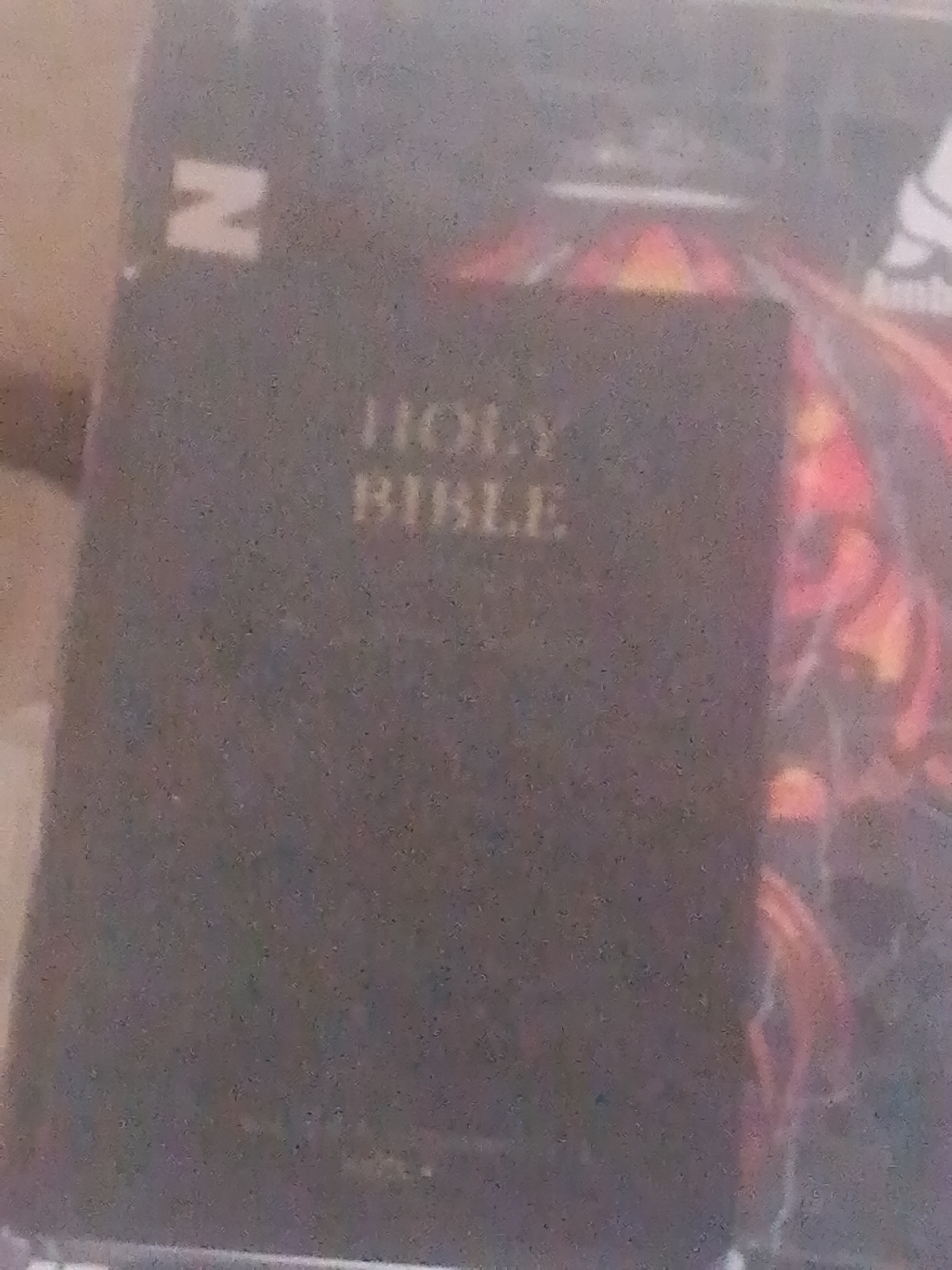 The image shows a closed, dark-colored book with "HOLY BIBLE" printed in gold lettering across the cover. The book appears to be lying on top of another item, possibly a box or another book, with a blurry graphic visible behind it, featuring red and orange abstract shapes and a white logo. To the left of the Bible, a large, white letter "N" is visible. The overall lighting is dim, and the image has a grainy texture, suggesting it was taken in low light conditions or with a low-resolution camera. No people are visible, and the scene appears to be indoors, with no specific details about the time of day, weather, or emotions. The visible text includes "HOLY BIBLE" and the letter "N". The location context is provided as Jauro Yinu, Nigeria.