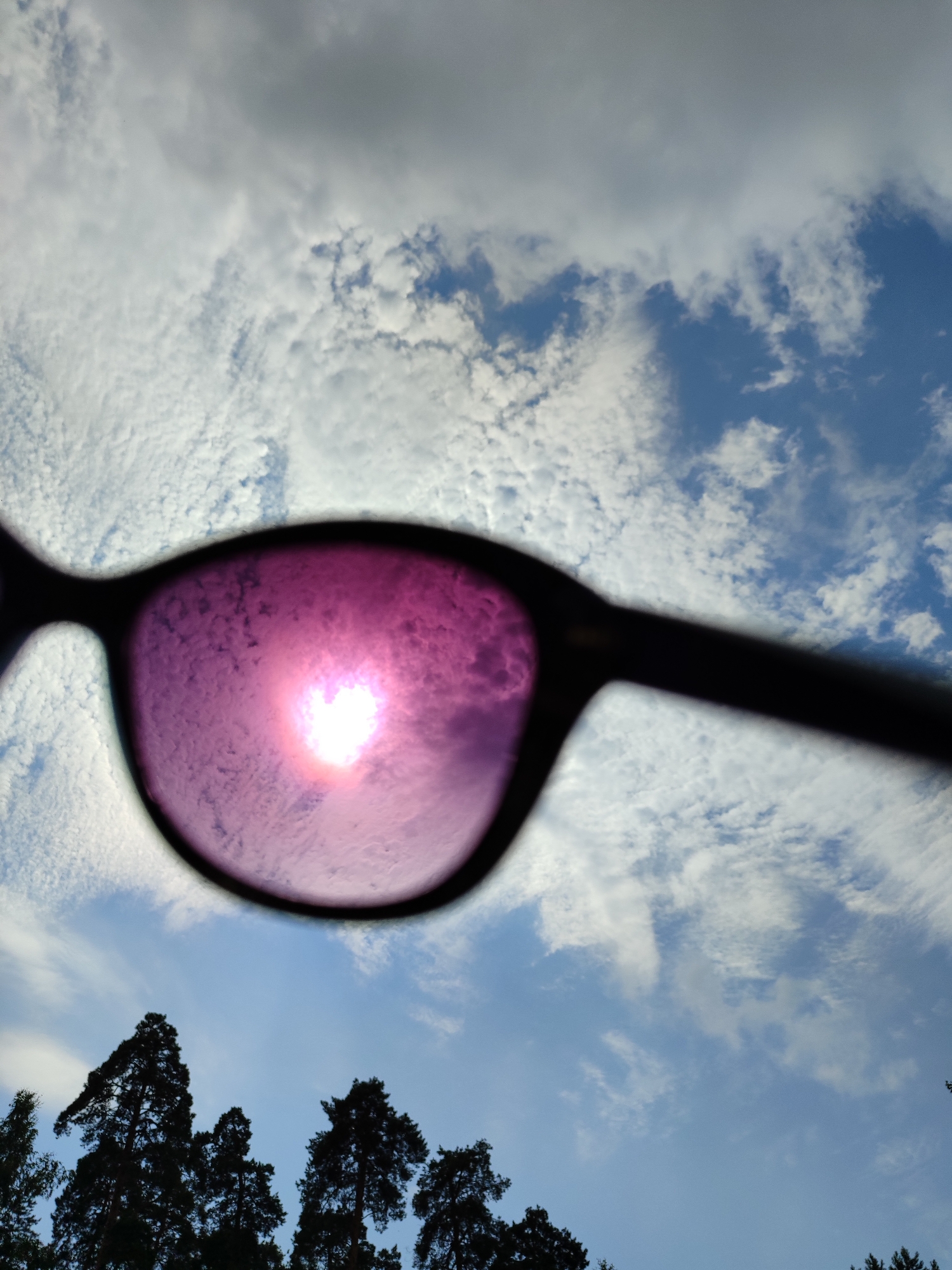 A low-angle outdoor photograph captures a view looking up at a partly cloudy sky, framed by the dark, rounded lenses of sunglasses in the foreground. The lenses are tinted a vivid pinkish-purple, and through them, the sun appears as a bright, almost star-like orb, its light diffused by the lens's tint and reflecting against the textured surface of the clouds. The sky is a mix of bright blue patches and scattered white and grey clouds, with wispy formations suggesting a gentle breeze. Silhouetted against the lower portion of the sky are the dark, jagged outlines of evergreen trees, their branches reaching upwards. The overall impression is one of looking through a colorful filter at a sunny, but not entirely clear, day. The location is Unknown, Unknown.