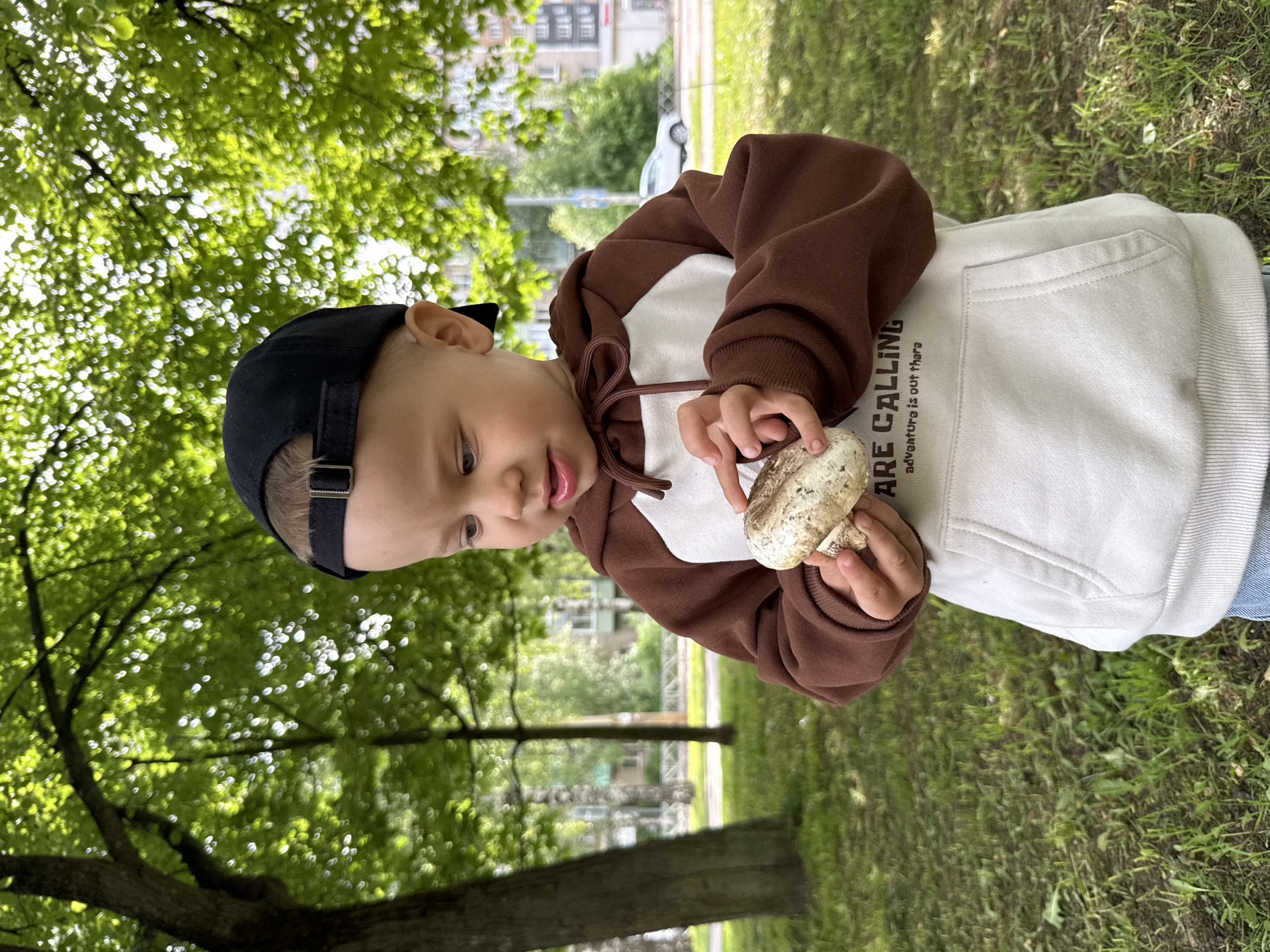 A young child is standing in a grassy area with trees, holding a mushroom in their hands. The child is wearing a black baseball cap and a hooded sweatshirt that is brown and white. The hood is up. The child is looking at the mushroom with a slightly inquisitive expression. The background includes grass, trees with green leaves, and a building in the distance.