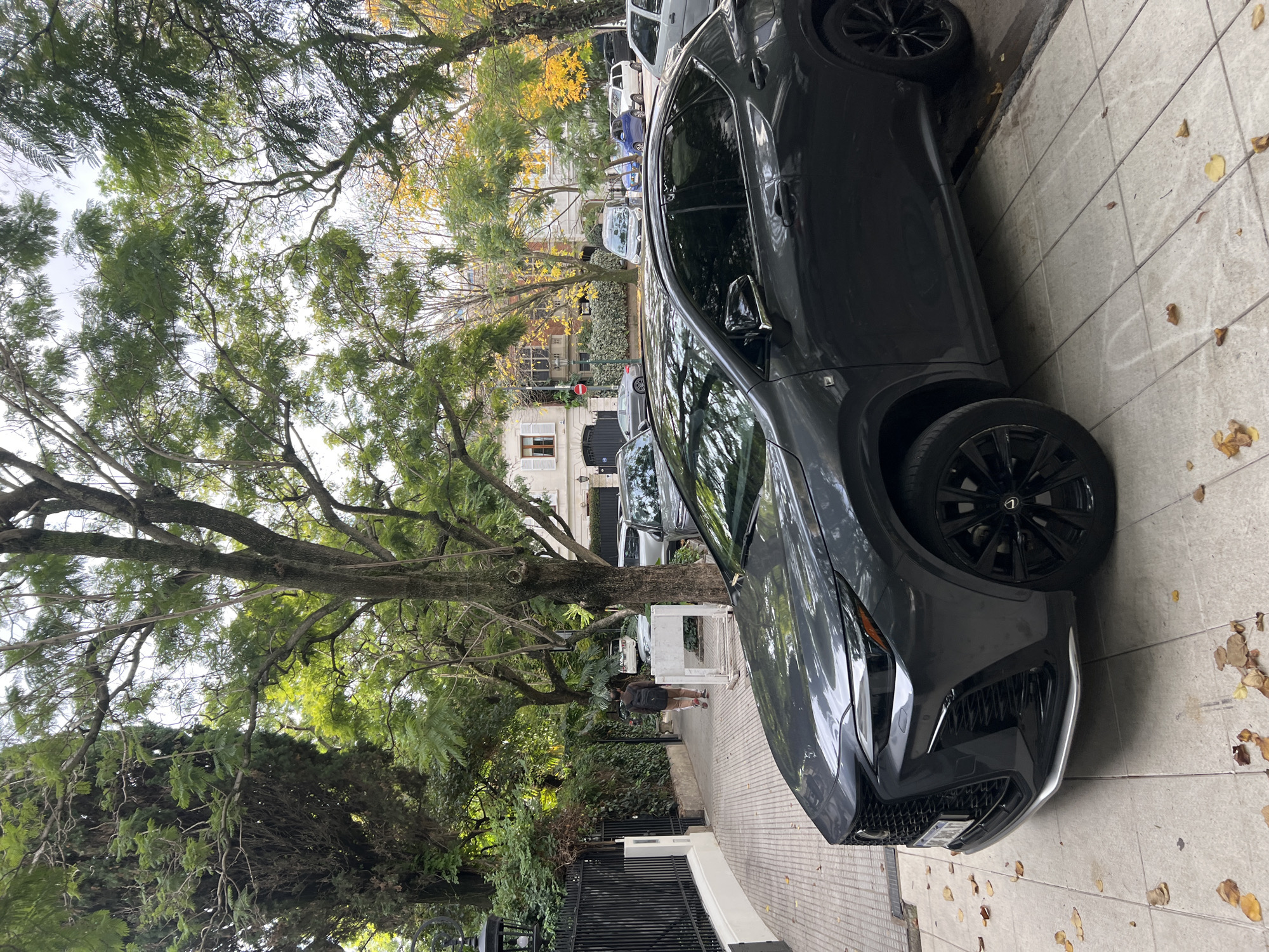 A dark gray Lexus NX is parked on a paved sidewalk in a residential area. The vehicle is positioned close to the curb, partially obscuring the sidewalk. A mature tree with broad branches and green foliage is present to the left of the car, casting shadows on the sidewalk and surrounding area. Other parked vehicles can be seen in the background. A person walks on the sidewalk behind the Lexus. The buildings visible in the background feature European-style architecture, typical of some neighborhoods in Buenos Aires, Argentina. The presence of the black wrought iron fence and the style of the buildings suggest that the location is likely in a well-established residential area, possibly Palermo or Recoleta.