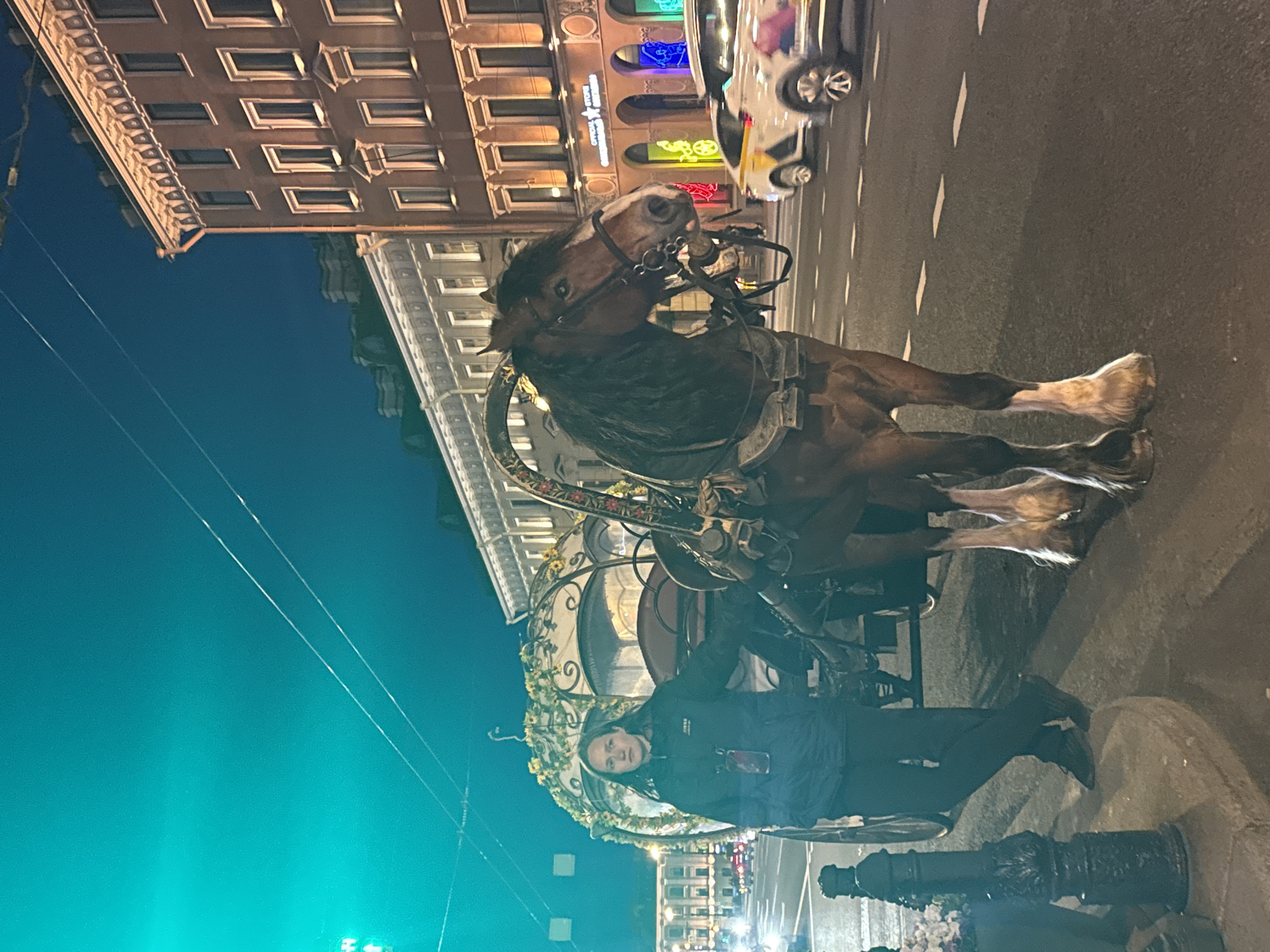 The image captures a nighttime street scene in Saint Petersburg, Russia, likely on Nevsky Prospekt, given the architectural style and presence of ornate buildings. The foreground features a horse-drawn carriage, with a large brown horse standing patiently next to it. The horse is wearing a bridle and harness. To the left of the horse and carriage, a young woman in a dark jacket stands, with her hand resting on the carriage. She is wearing dark pants and black shoes. The carriage itself appears to be elaborately decorated with flowers and possibly lights.
In the background, several multi-story buildings with illuminated windows line the street. The architecture is characteristic of St. Petersburg, with classical detailing and ornate facades. Traffic is visible on the right side of the street, with cars moving past the scene. The streetlights and the lights from the buildings cast a glow on the asphalt and the surrounding environment. The sky is dark, indicating nighttime, and a bright teal light source is visible in the upper left corner, possibly from a streetlamp or advertising. Overhead wires are also visible against the dark sky. The overall impression is a charming, albeit busy, urban setting at night.