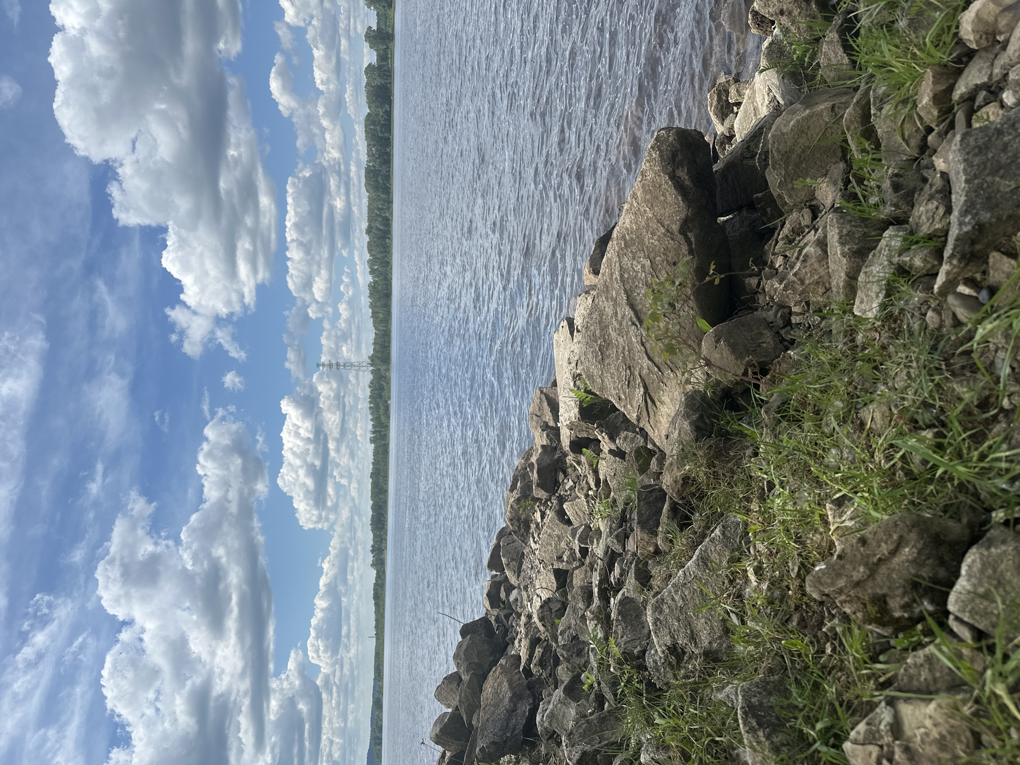 The image depicts a serene natural landscape, likely captured along a river or large lake in the Chaikovsky region of Russia. The scene is dominated by a wide body of water stretching towards a distant tree line under a bright, partly cloudy sky.
In the foreground, a rugged shoreline composed of numerous grey and dark brown rocks of various sizes forms the immediate edge of the land. Patches of vibrant green grass grow between and over these rocks, adding texture and life to the stony bank. The water in the midground has a subtly rippled surface, suggesting a gentle breeze, and reflects the brightness of the sky.
Across the expanse of water, a continuous line of dense green trees marks the opposite bank, indicating a forested landscape. A tall, metal power line tower is distinctly visible, rising above the distant tree line, suggesting some human infrastructure in the broader natural setting. The background features a clear blue sky adorned with several large, fluffy white cumulus clouds, indicating fair weather. The lighting suggests it is bright daytime.
No people or visible text are present in the image. The overall impression is one of calm and natural beauty, characteristic of a landscape setting.