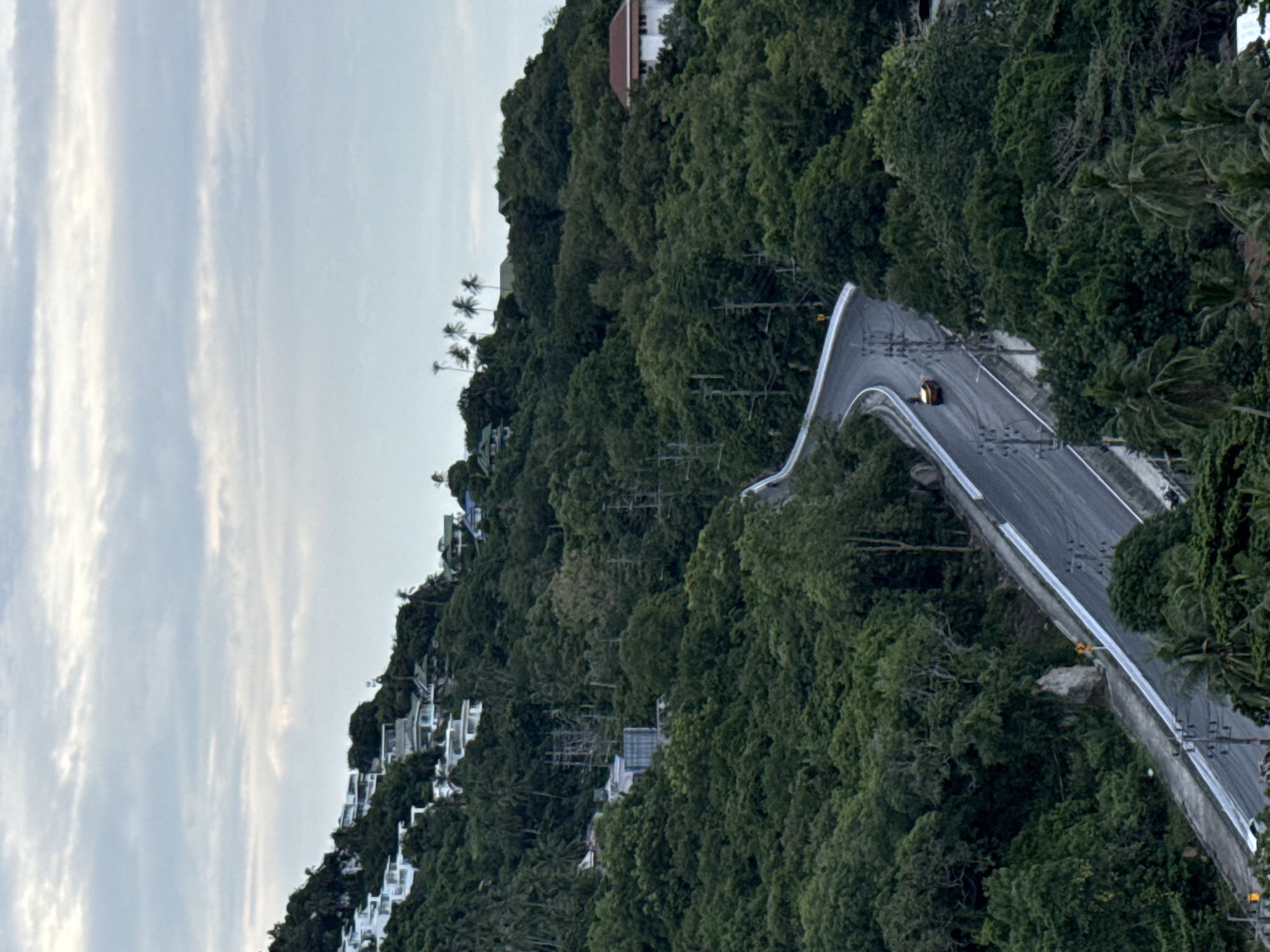 This is a high-angle, full shot of a winding road cutting through a lush, green, tropical hillside on the island of Koh Samui, Thailand. The sky is overcast with soft, white and gray clouds. On the upper left of the frame, a cluster of white, modern villas is nestled into the hillside, surrounded by dense foliage and palm trees. The road, a dark asphalt surface with white lane markers and a white safety barrier, curves dramatically down the slope. A single, small, dark-colored vehicle is visible on the road, heading away from the viewer. The hillside is heavily forested with a variety of trees, including many palm trees, indicative of a tropical climate. In the distance, on the right side of the frame, a white building with a reddish-brown roof is partially visible amongst the trees. Power lines and utility poles are visible along the side of the road. The overall impression is one of a remote, scenic road in a heavily vegetated, hilly tropical landscape.