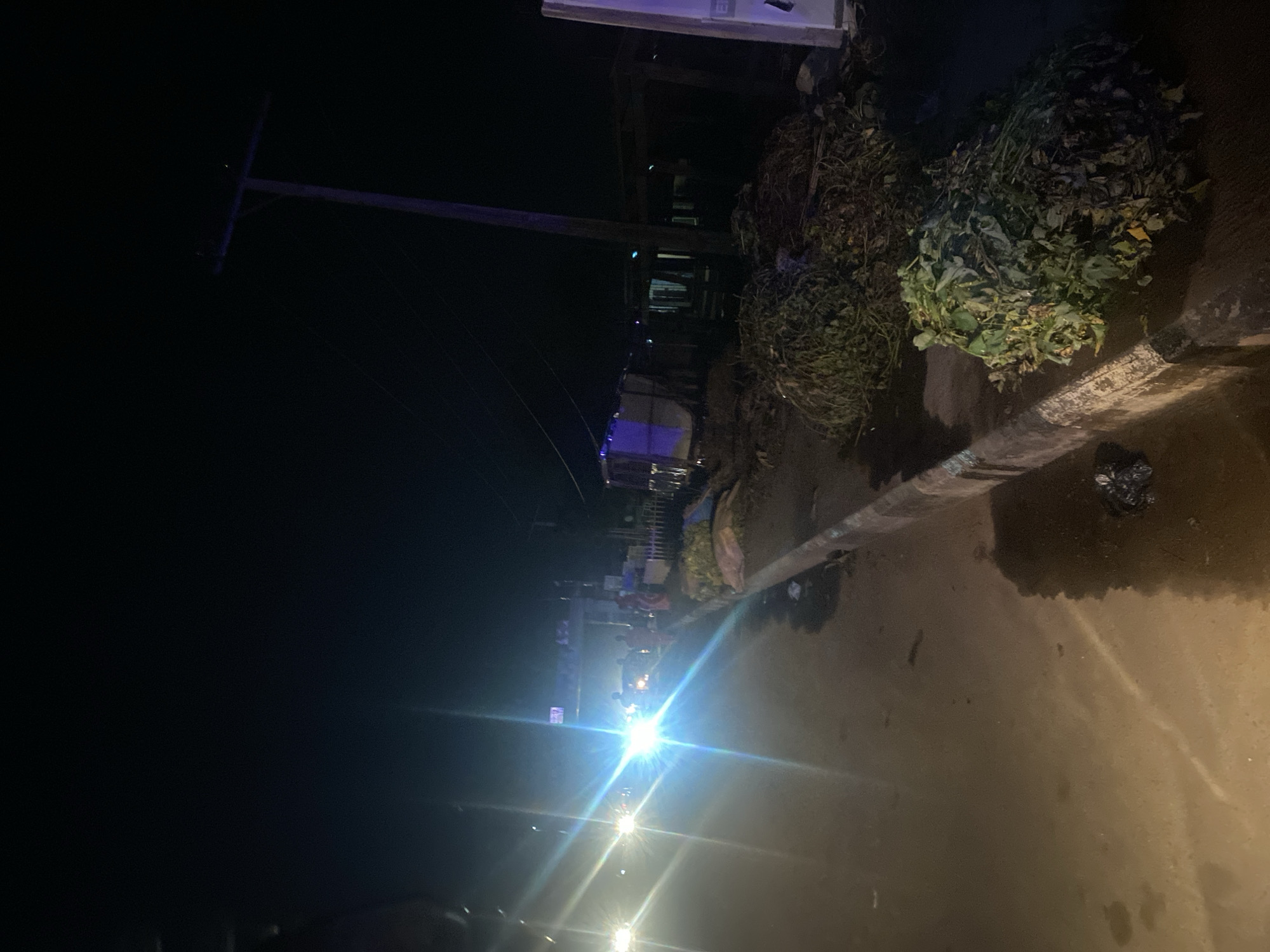 This nighttime image depicts a roadside scene in Jalingo, Nigeria, characterized by low lighting and the glare of headlights. A paved road, appearing wet in places, runs along the left side of the frame. On the right side of the road, a raised concrete curb separates the pavement from a pile of green vegetation. Beyond the vegetation, structures are visible, including what appears to be a rudimentary shelter or market stall with a corrugated metal roof and some lighting, and a wooden pole with wires overhead. Several people are present, standing near vehicles on the road, which are illuminated by bright headlights. One individual is seen wearing an orange garment. The overall impression is of a busy, active area even after dark.