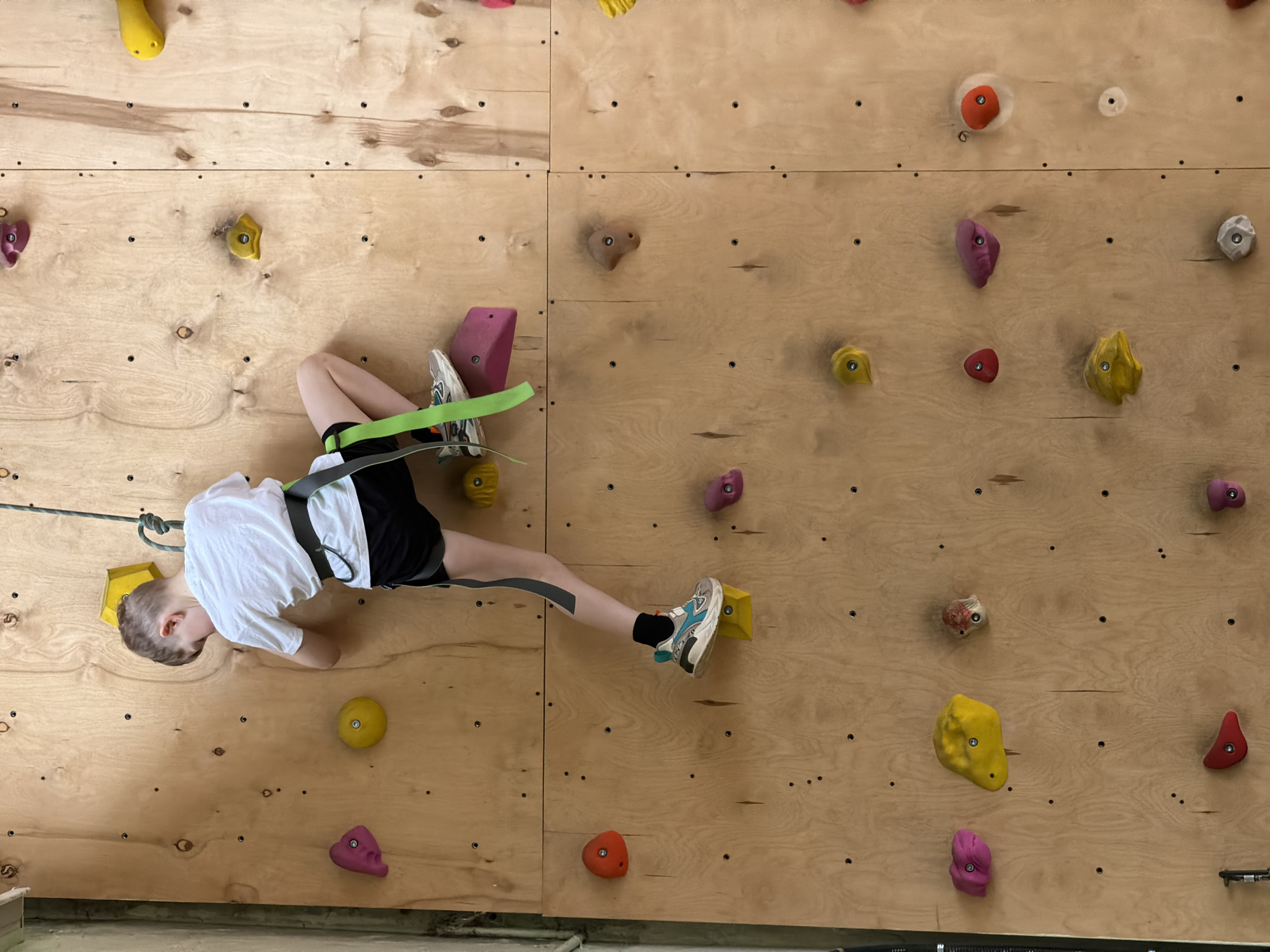 A boy wearing a white t-shirt, black shorts, and climbing shoes, is secured by a harness and rope, and is climbing an indoor rock climbing wall. The wall is made of light-colored wood panels with various colorful climbing holds attached. The scene is located indoors. The location in the city of Izhevsk, Russia, is not discernible from the image.