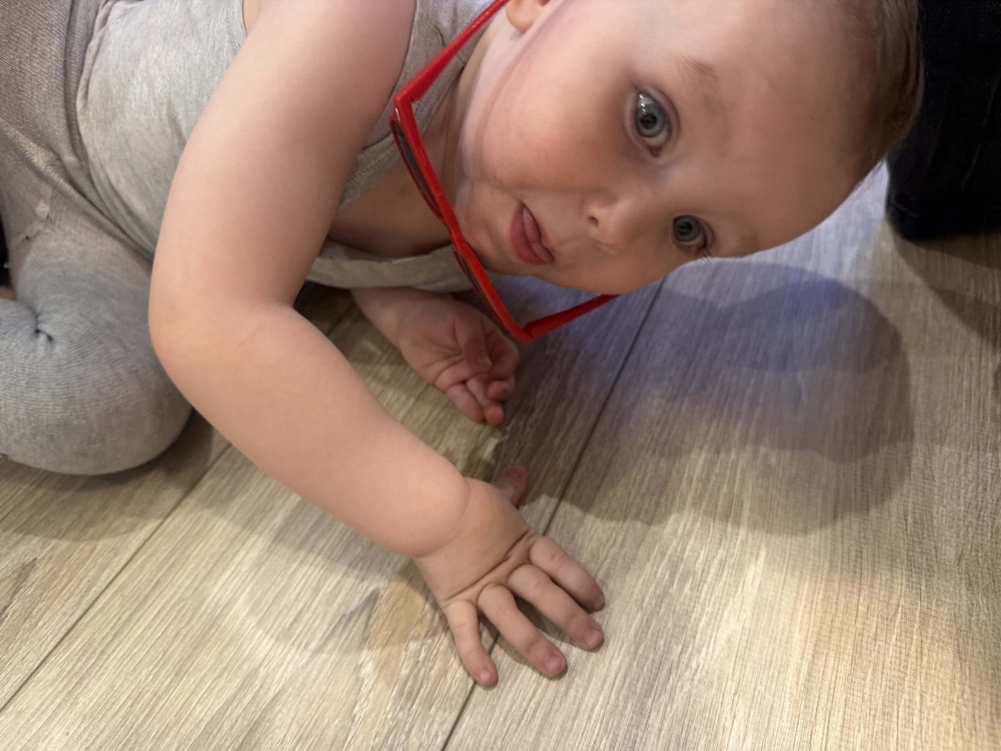 An eye-level shot captures a baby or toddler in a crawling or kneeling position on a light wooden or laminate floor. The child is wearing a grey sleeveless bodysuit or top and pants. Red-framed sunglasses are playfully perched on the baby's nose, slightly askew. The baby has light blue or grey eyes and is looking directly at the camera with a curious and engaging expression, its tongue slightly protruding from its mouth. One of the baby's hands is extended forward on the floor, fingers spread, while the other arm is closer to its body. The floor features a distinct wood grain pattern. In the background, a dark, indistinct object (possibly clothing or furniture) is partially visible in the upper right. The scene is brightly lit, likely indoors during the daytime. There is no visible text in the image. The provided location context for this media file is Chaikovsky, Russia.
