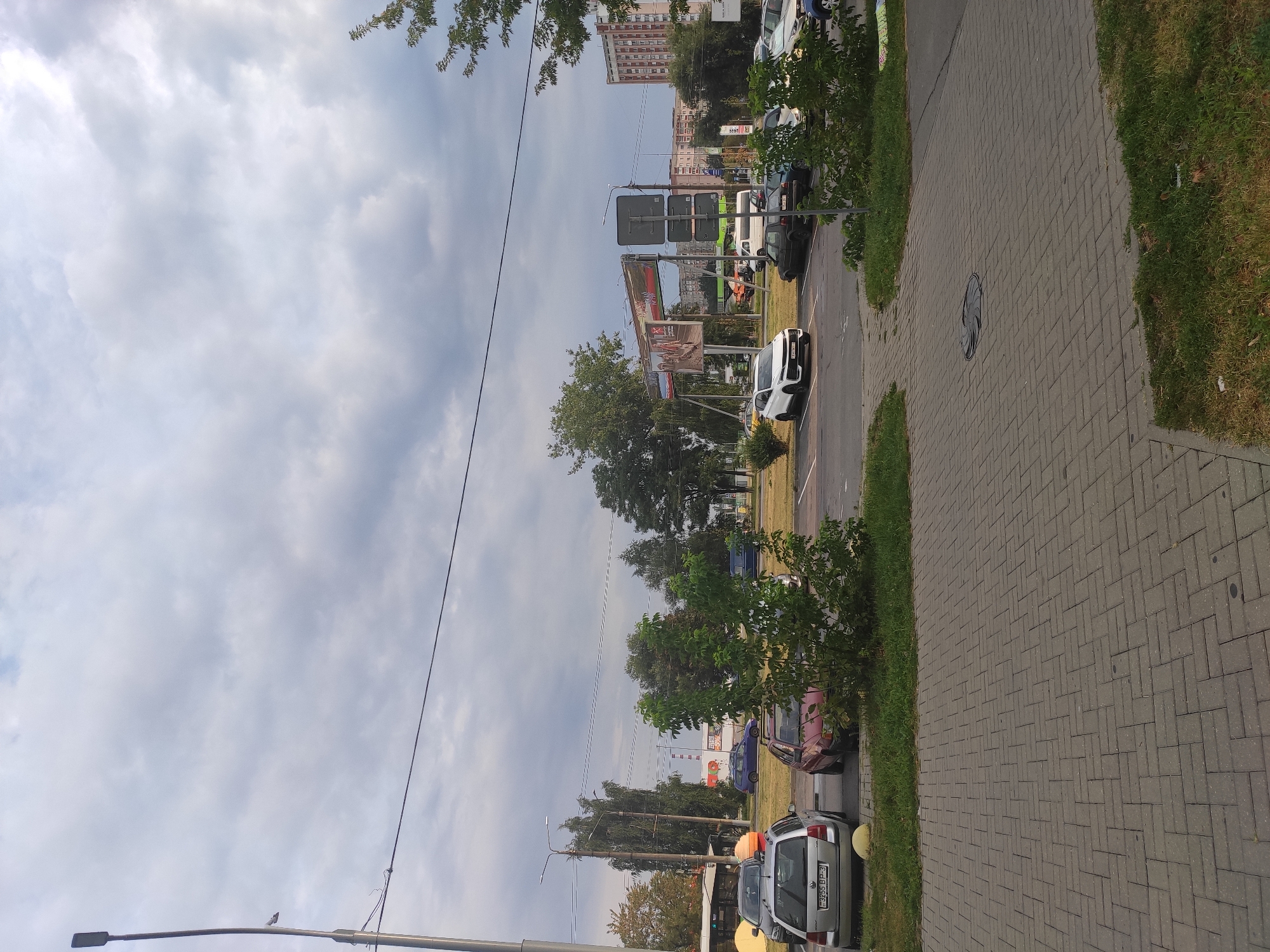 The image shows a cloudy day in Homyel, Belarus, with a street scene featuring parked cars and buildings. In the foreground, a paved walkway leads towards a parking lot filled with vehicles. The cars are of various makes and models, with some parked on the asphalt and others on the grass. A tall lamppost stands on the left side of the image, casting a shadow on the walkway.
In the background, there are several apartment buildings and a billboard. The buildings appear to be of Soviet-era architecture. The billboard displays advertisements in Russian. Trees and green spaces are interspersed throughout the scene, indicating a suburban or residential area. The sky is overcast with thick clouds, suggesting a possibility of rain. No people are visible in the image.