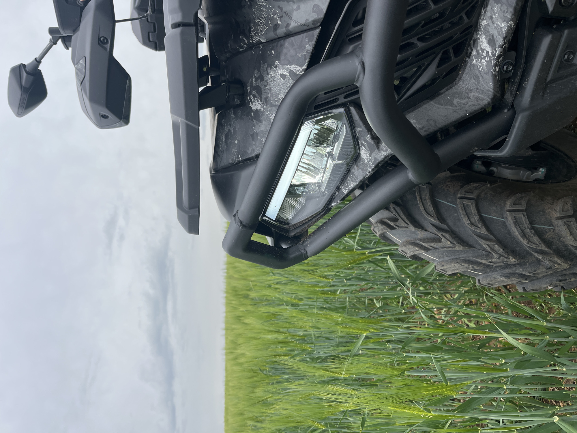 The image depicts the front of an off-road vehicle parked in a field of green grain crops, likely wheat or barley. The vehicle is oriented diagonally, with the front headlight and a black, tubular bumper guard prominently visible. The tire is visible to the right, partially obscured by the crops. A rearview mirror is visible on the left side of the image. The vehicle has a camouflage pattern on its body. The background consists of a vast field of green crops stretching to the horizon, topped by an overcast sky. Given the presence of grain crops, the location is likely rural. While precise location in Golyanovtsi, Bulgaria is impossible to determine from the image, it suggests a rural setting with agricultural fields.
