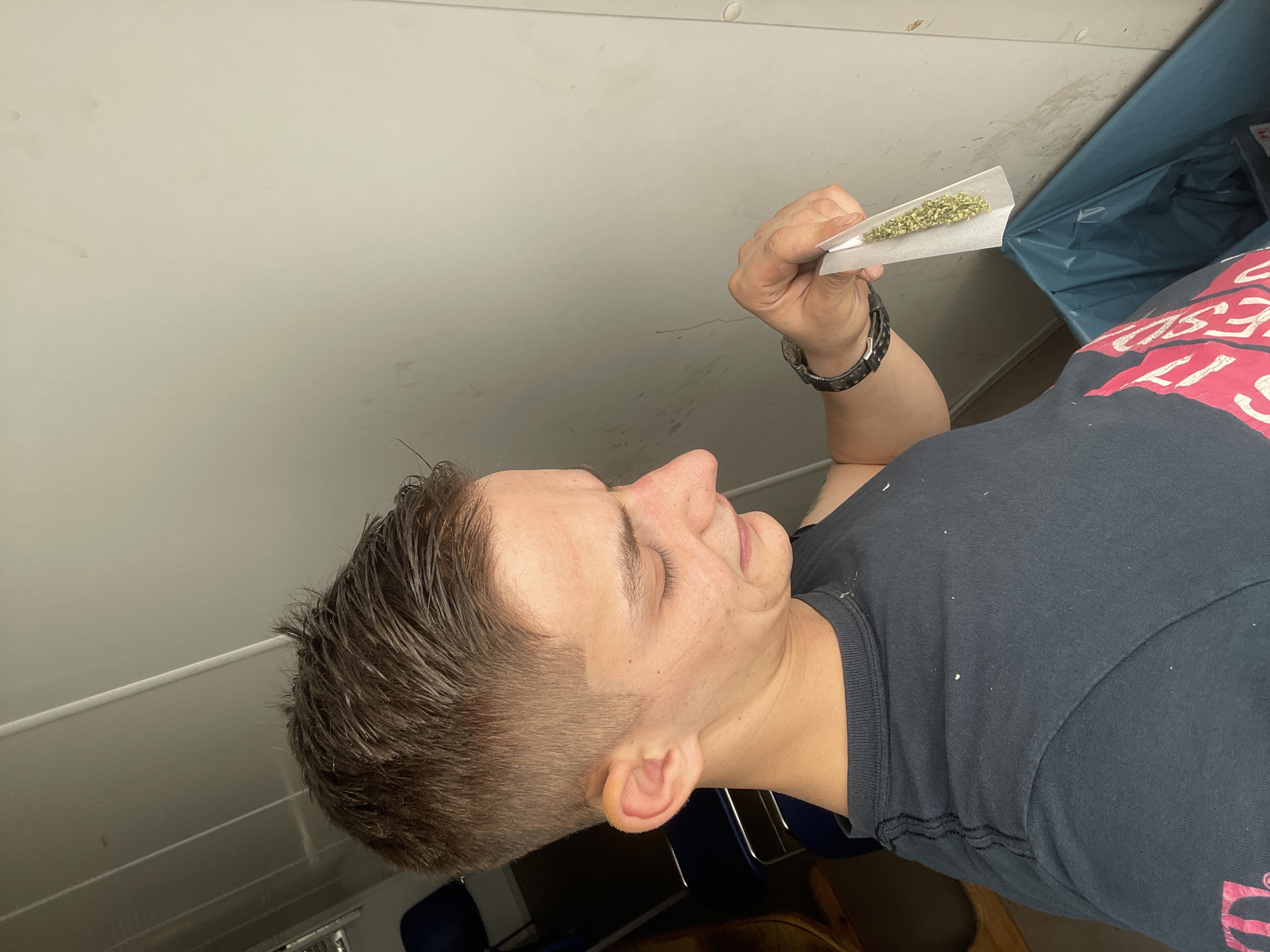 A medium shot depicts a man holding a rolled cigarette. The man has short brown hair and is wearing a black t-shirt. The cigarette is filled with a green substance. The background is a plain white wall.