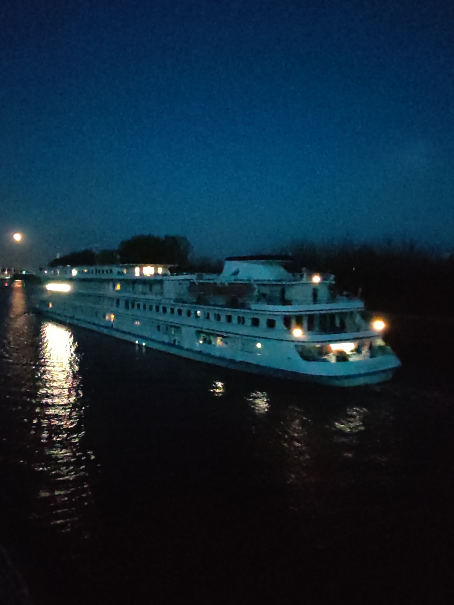At night, a cruise ship is moving on a river. The river is dark, reflecting the lights from the ship and the moon. The ship is brightly lit and has multiple levels. Trees can be seen on the shore. The location is Dmitrov, Russia.