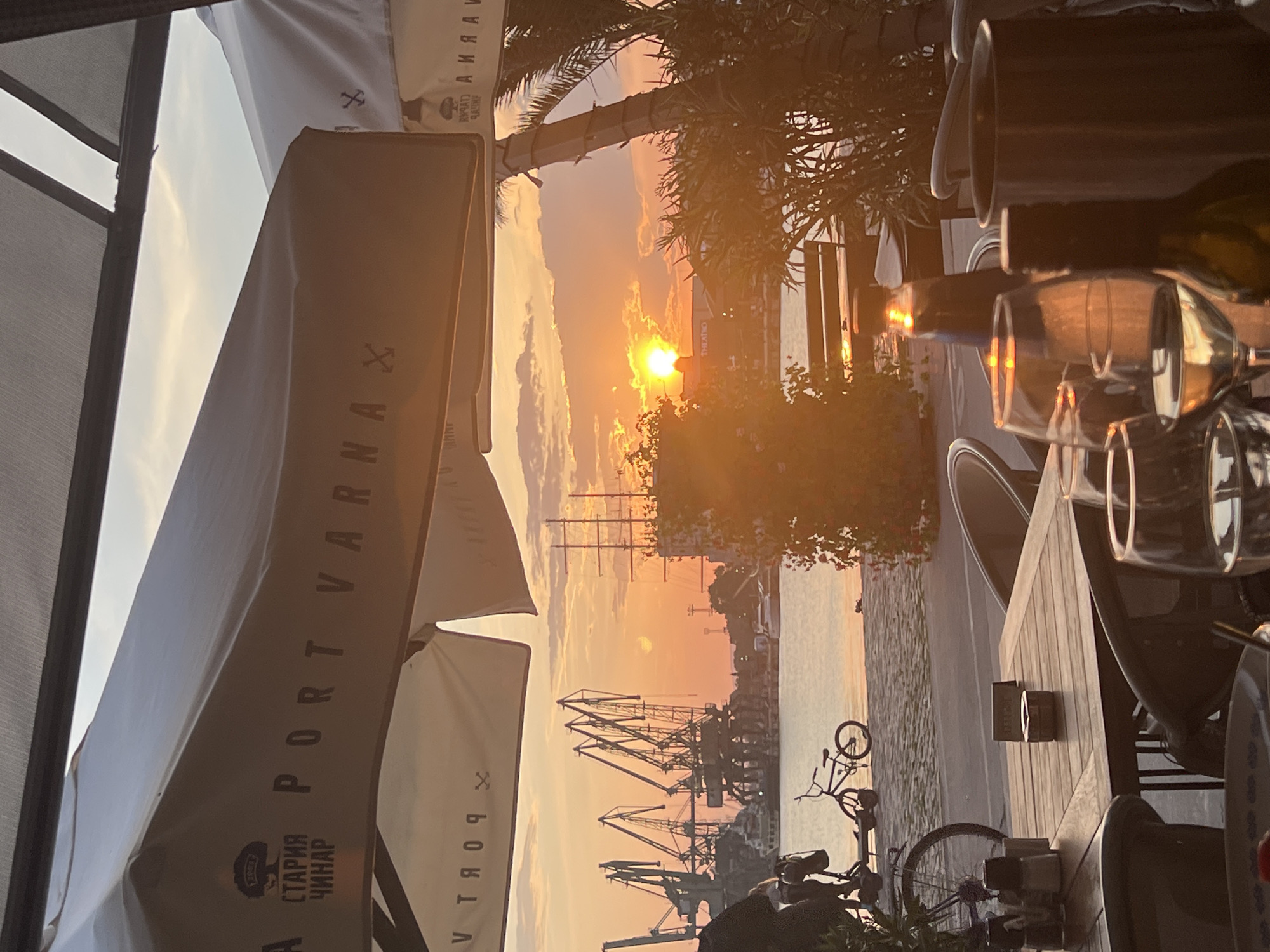 The image captures a vibrant waterfront scene at either sunrise or sunset, viewed from what appears to be an outdoor restaurant or cafe patio. The low sun, a bright orange circle, dominates the center-right of the frame, casting a warm, golden glow across the water and sky.
In the foreground on the left, a white awning or umbrella displays the dark text "PORT VARNA" and "СТАРИЯ ЧИНАР" (STARIYA CHINAR) alongside a tree logo. Another awning part on the far right shows "VARNA" in reverse. On a wooden table to the right, several empty wine glasses and a wine bottle reflect the intense sunlight.
The midground features a calm body of water. Along the distant shoreline, multiple industrial port cranes are visible as dark silhouettes against the bright sky, along with the masts and rigging of a tall ship. A bicycle is parked upright near the water's edge. Green foliage and palm trees frame the right side of the scene. The sky above is painted with soft hues of orange, pink, and yellow, with some visible clouds. The overall impression is one of serene beauty during the golden hour in a harbor setting.
