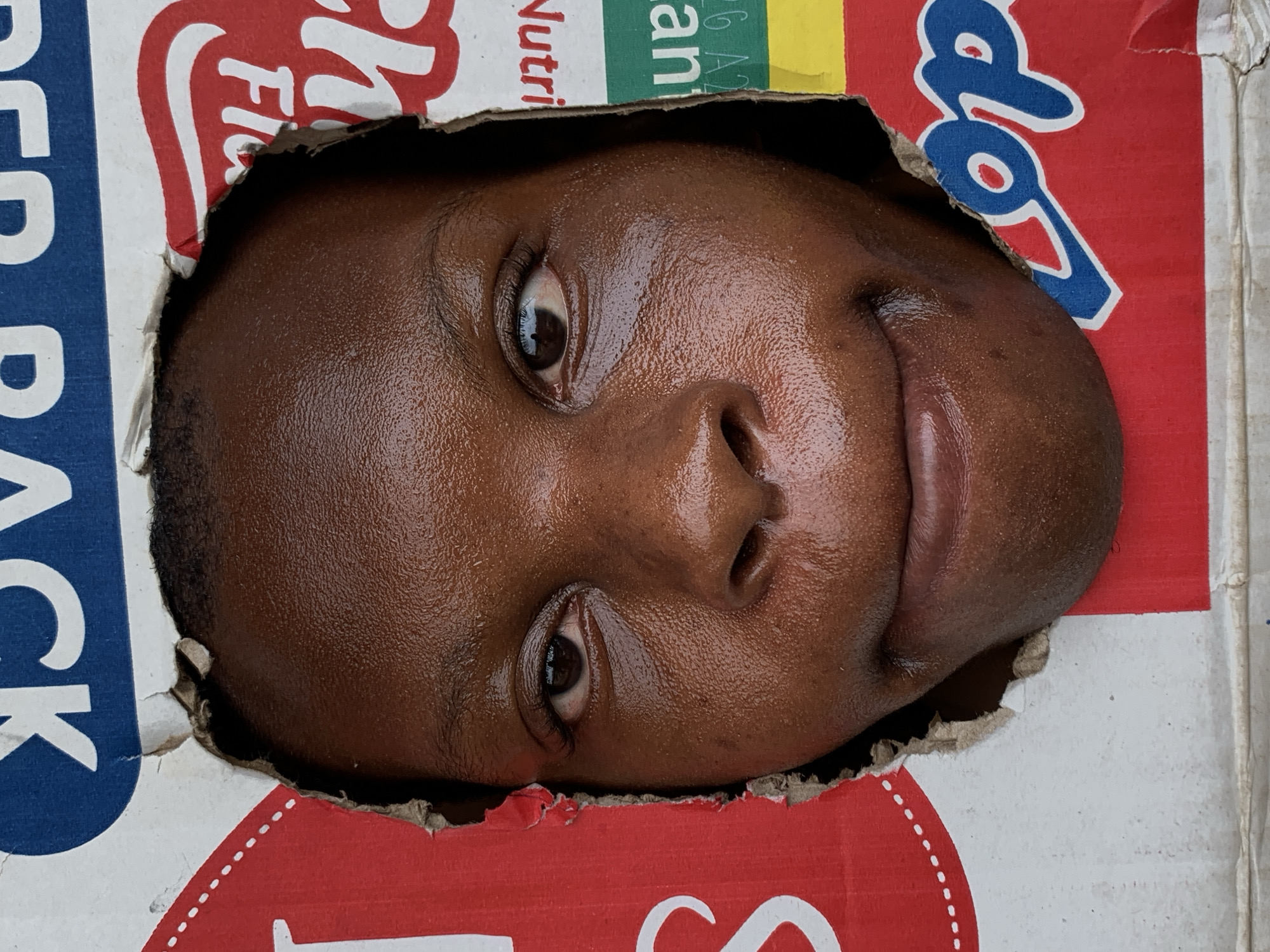 An overhead, close-up shot captures the face of a young child, possibly a baby or toddler, peeking through a ragged, torn hole in a colorful cardboard box. The child's head is oriented horizontally within the frame. Their dark-toned skin appears smooth and slightly dewy, reflecting soft, even light. The child's eyes are open and look upwards and slightly to the right, conveying an expression of curiosity or mild amusement. Their mouth is gently closed, forming a subtle, natural curve.
The immediate surroundings consist of the interior and torn edges of the cardboard box. The box features various printed graphics and text, indicating it is likely a product package. On the left side, blue and white text is partially visible, showing the word "PACK." Above the child's head, red and white text fragments include "Flav" (likely part of "Flavor") and "Nutri" (likely part of "Nutrition"). A section with green and yellow coloring also shows faint black text, such as "an." To the right of the child's face, prominent blue and white letters on a red background clearly spell "Pop," suggesting a brand or product name like "Pops."
The lighting is soft and consistent, without harsh shadows, suggesting an indoor environment or a shaded outdoor area. The activity depicted is a playful interaction with the box, as the child looks out from the improvised opening. While the provided context indicates the location is Ikorodu, Nigeria, the image itself does not contain specific visual cues to confirm this geographic detail.