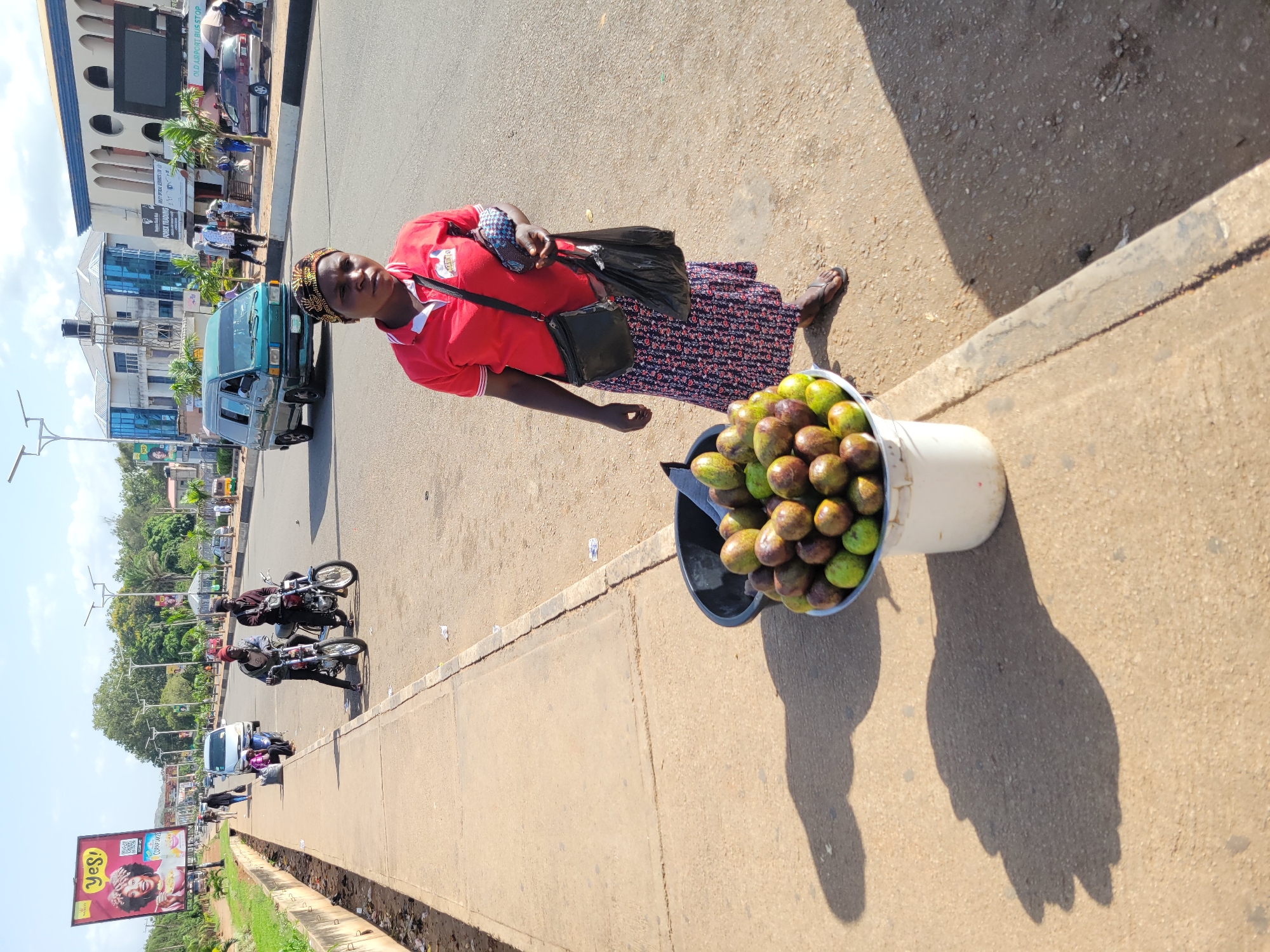 A woman stands by a roadside in Barakin Lerawi, Nigeria, with a bucket of fruit for sale. The woman wears a red polo shirt and a patterned skirt, with a black bag slung over her shoulder and another black plastic bag in her hand. Beside her is a white bucket filled with green and brown fruits. In the background, a green minivan drives past, and other vehicles, including motorcycles, are visible on the road. A billboard advertising "Yes!" is seen further down the road, along with several buildings and trees. The scene is set on a paved road with a concrete sidewalk.