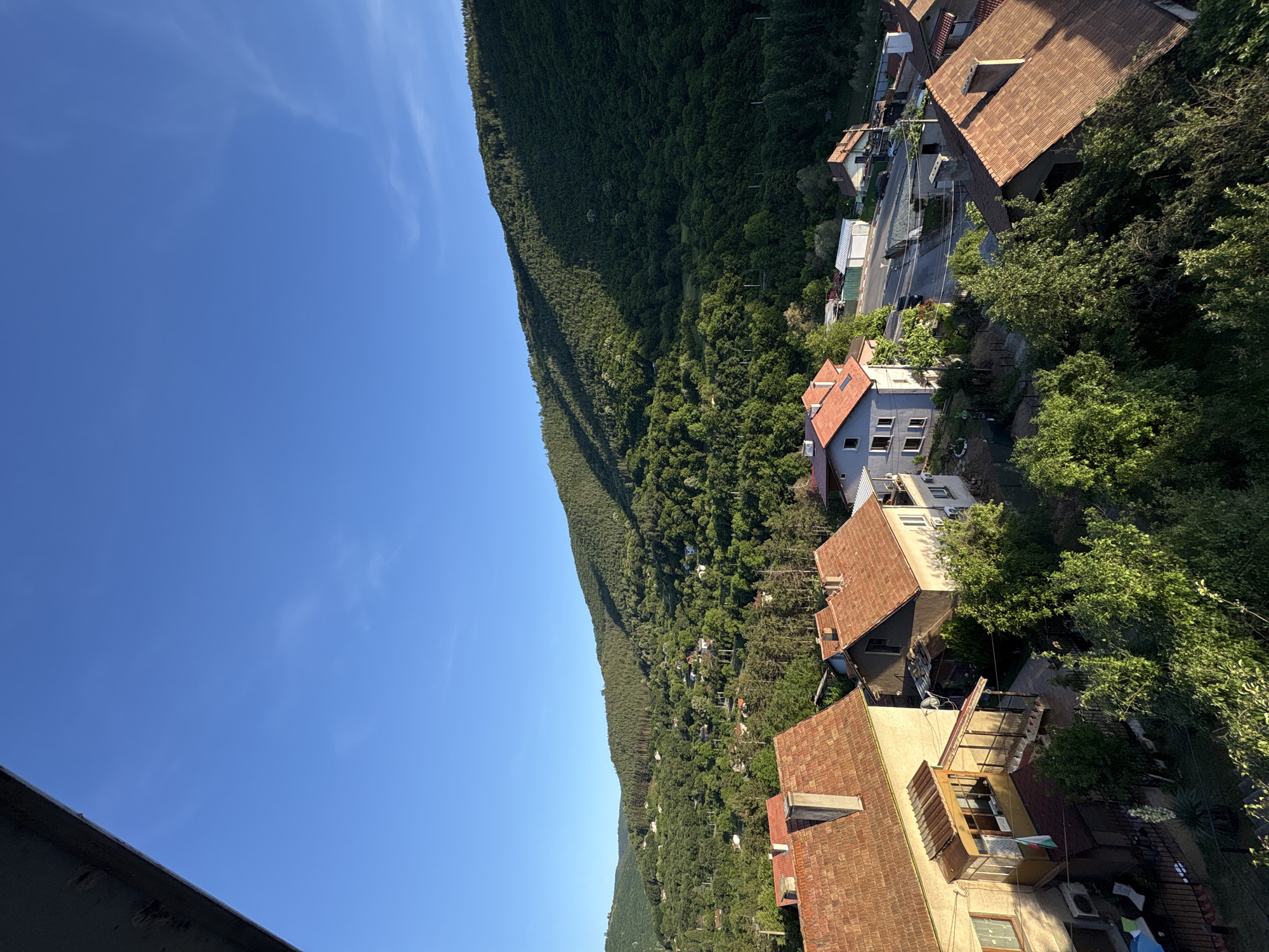 The image captures a view of the city of Redina, Bulgaria, from an elevated perspective. In the foreground, several residential buildings with terracotta tiled roofs are visible. These houses appear to be of various sizes and architectural styles, with some featuring balconies and outdoor seating areas. Lush green trees and foliage surround the buildings, suggesting a natural and somewhat rural setting.
Beyond the immediate residential area, the landscape transitions into a densely forested hillside that dominates the background. The trees on the hillside are a vibrant green, indicating a healthy and mature forest. Sunlight casts shadows across the forest, highlighting the contours of the terrain. The sky above is a clear, bright blue, devoid of clouds, suggesting fair weather conditions. A dark, angled structure, possibly a balcony railing or overhang, is visible in the upper left corner of the image, framing the scene. The overall impression is one of a peaceful, scenic community nestled within a verdant natural environment.