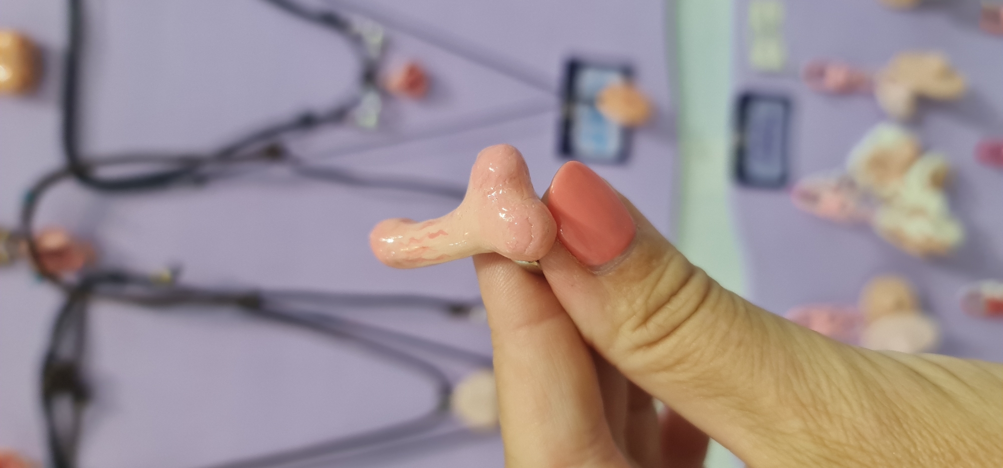 A hand holds a small, pink, anatomical model, likely of the ear's cochlea or a similar structure. The background is a purple board with various anatomical models and diagrams attached. The hand belongs to a light-skinned person with manicured nails. The image does not contain information indicating a location in Đà Nẵng, Vietnam.