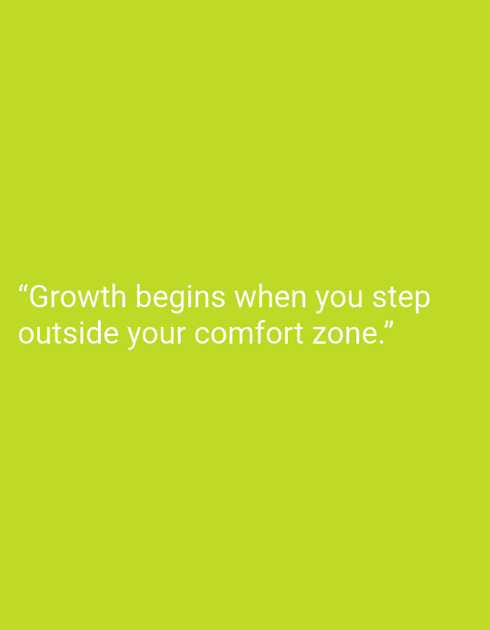 The image is a quote on a solid lime green background. The quote, in white sans-serif font, reads "Growth begins when you step outside your comfort zone." There are no people, objects, or discernible environmental features visible in the image. The context of Muara Bulian, Indonesia, is not visually represented in this image.