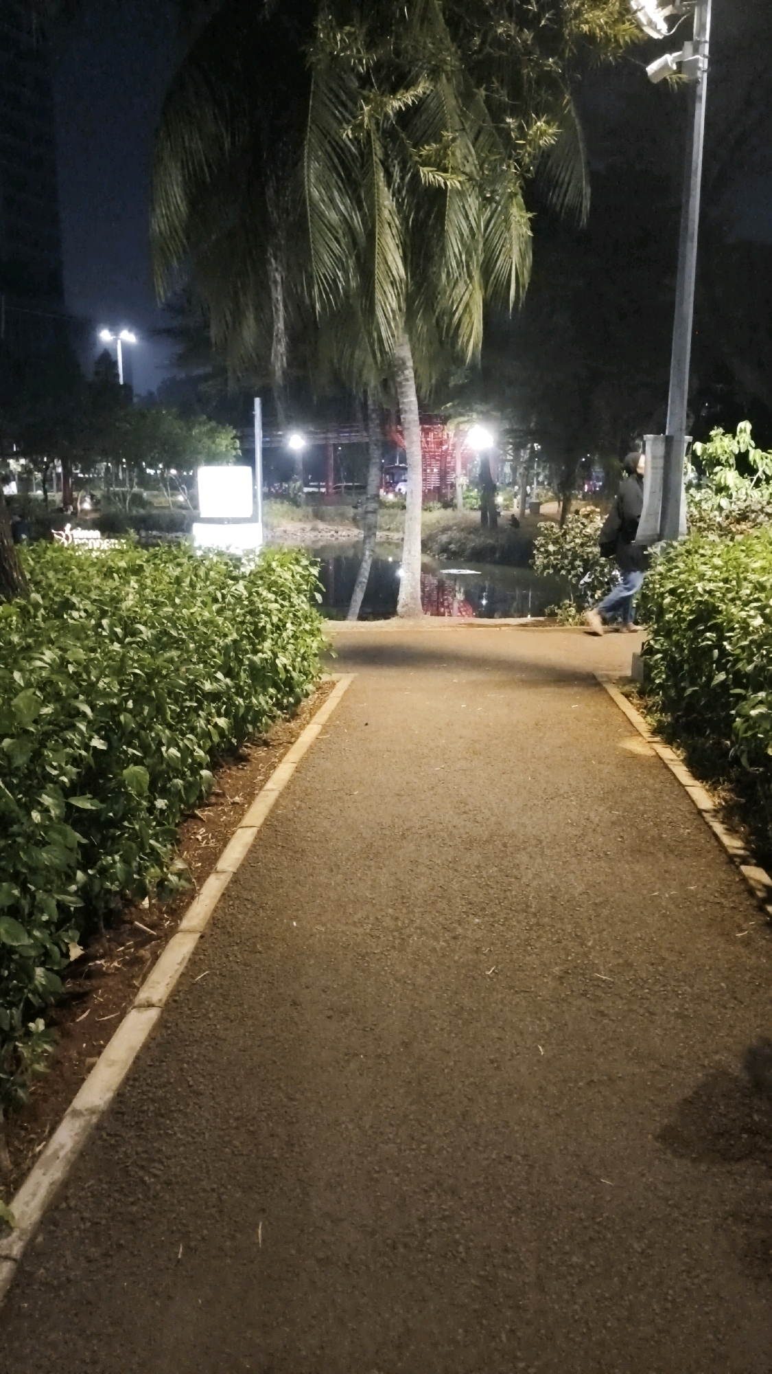 An outdoor pathway made of asphalt curves gently through a park at night. Lush green bushes line both sides of the path, with a decorative concrete border separating them from the asphalt. In the background, a calm body of water reflects the lights of the park, including street lamps and illuminated structures. A palm tree with its fronds fanning out stands prominently on the left side of the frame. On the right side of the pathway, a person wearing a dark jacket and blue jeans is walking away from the camera, their right leg mid-stride. Further in the background, another street lamp with a camera attached is visible on a pole. The scene is illuminated by artificial lights, creating a somewhat dim and moody atmosphere. Based on the context of the park's appearance and the presence of tropical vegetation like the palm tree, this park is likely located in the city of South Jakarta, Indonesia.