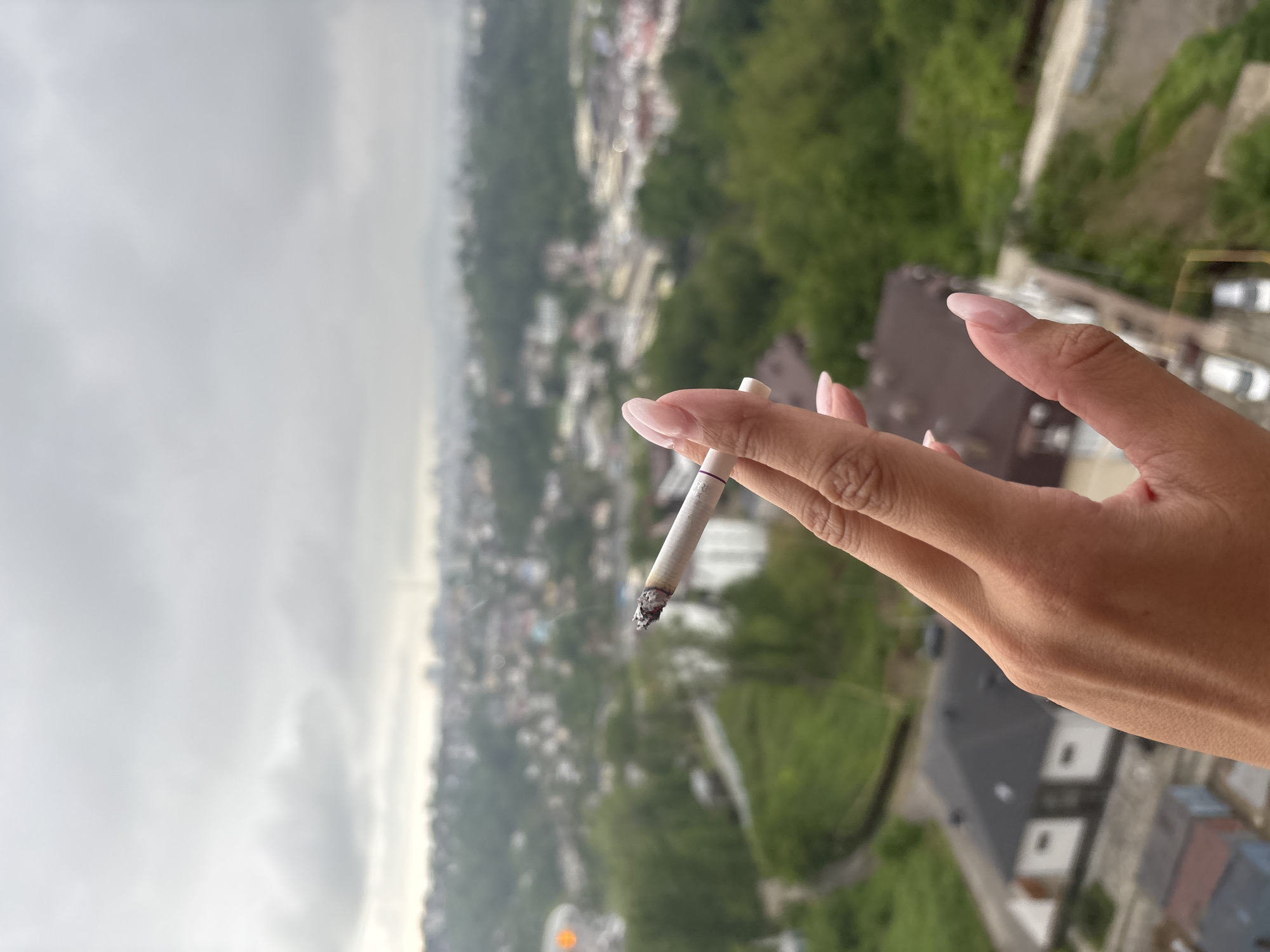 A hand with manicured nails holds a lit cigarette. The backdrop features a cityscape with a dense mix of buildings and greenery, possibly in Sochi, Russia, based on the architectural style and landscape. The sky is overcast.